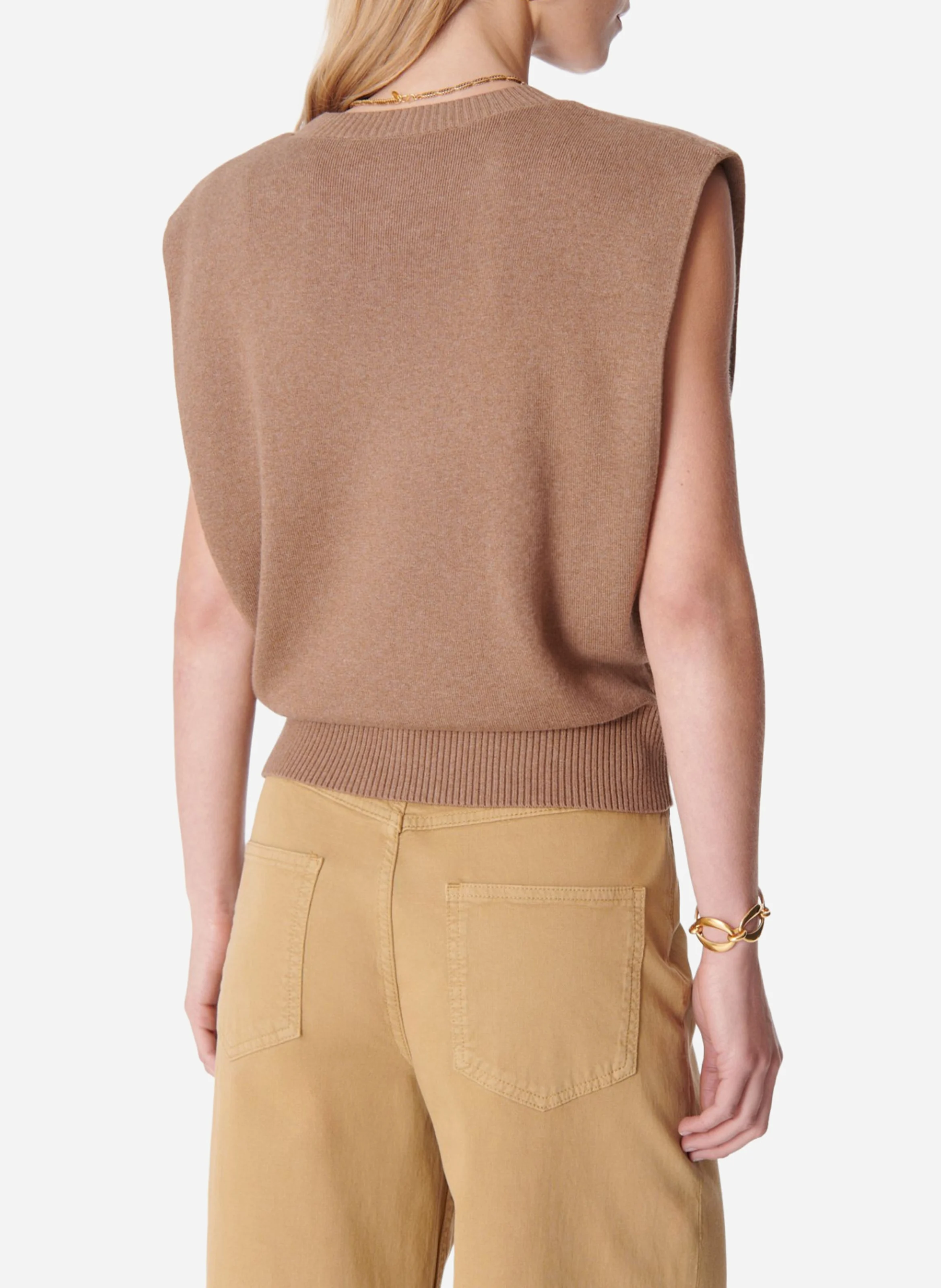 CASSANDRA - Pull col rond droit sans manches en coton et laine mélangé | Marron