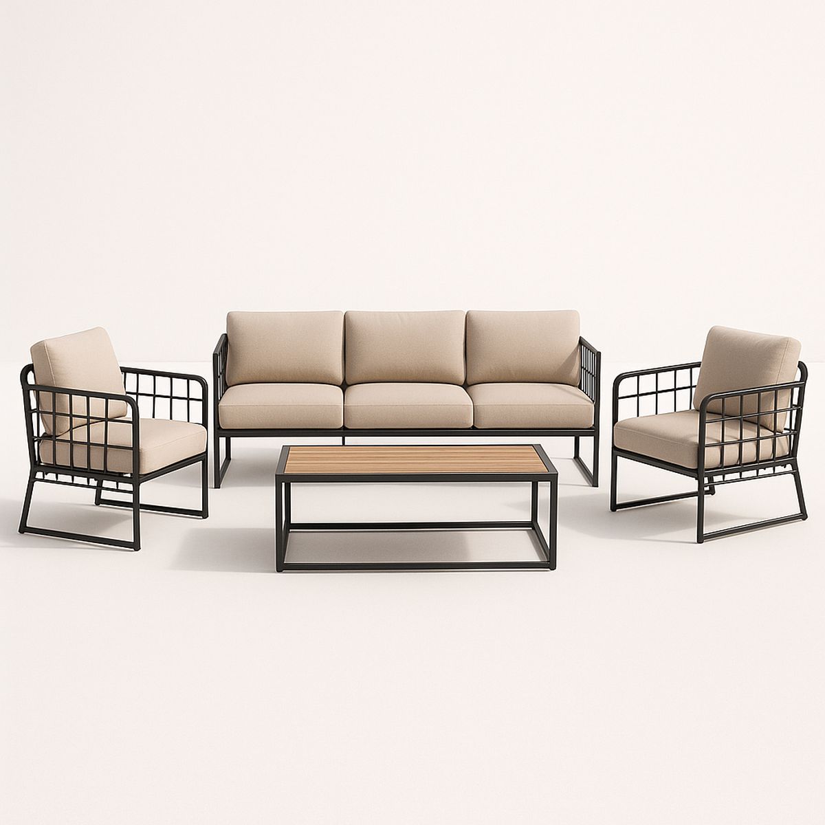 Gartenmöbelset mit Stahlrahmen und Holztischplatte, 3-Sitzer Sofa, 2 S