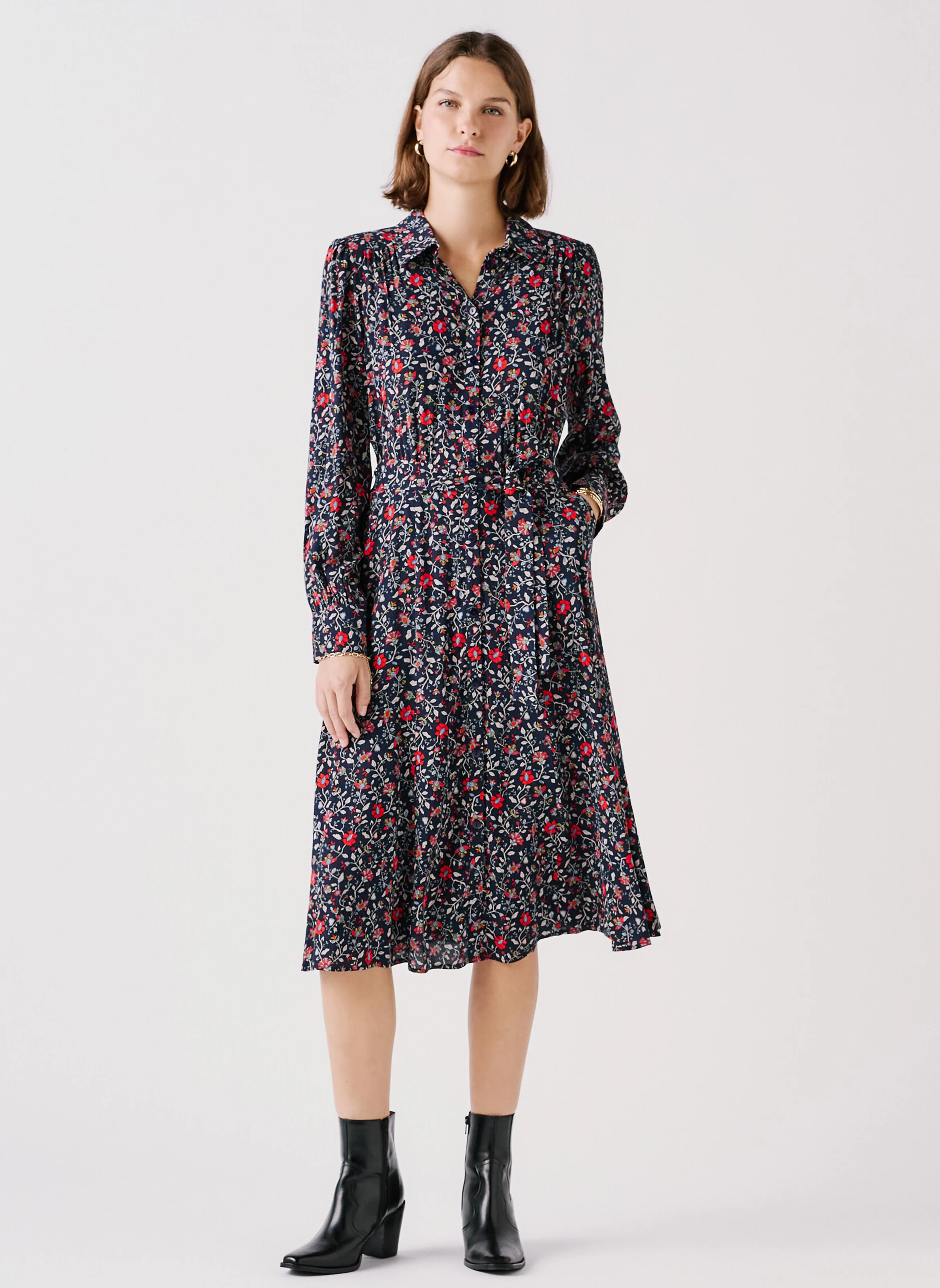 RDANYA - Robe chemise midi imprimée| Bleu