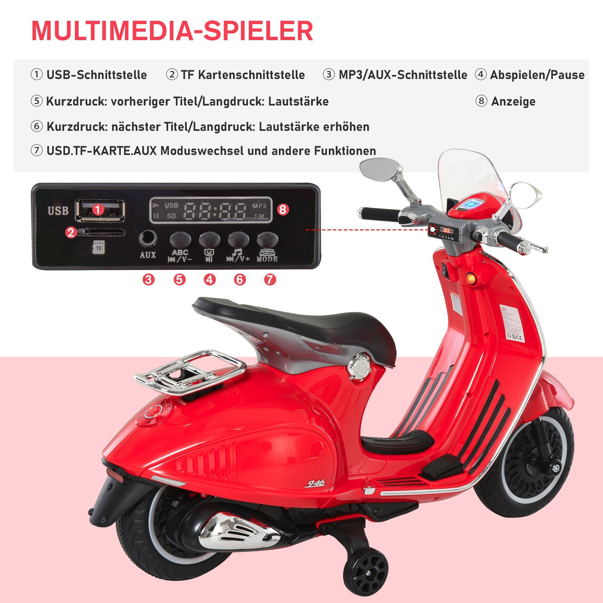 Motocicleta elétrica infantil HOMCOM com MP3, luzes e música, para crianças de 3 a 6 anos, em PP, branca, capacidade de carga de 30 kg (1 unidade), 108 cm (C) x 49 cm (L) x 75 cm (A)