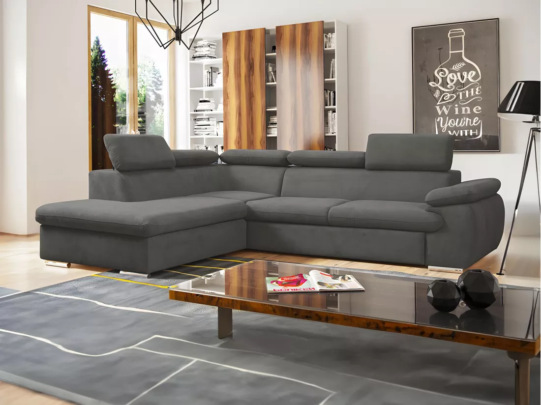 Canapé d'angle gauche convertible en tissu anthracite avec coffre de rangement FABIEN