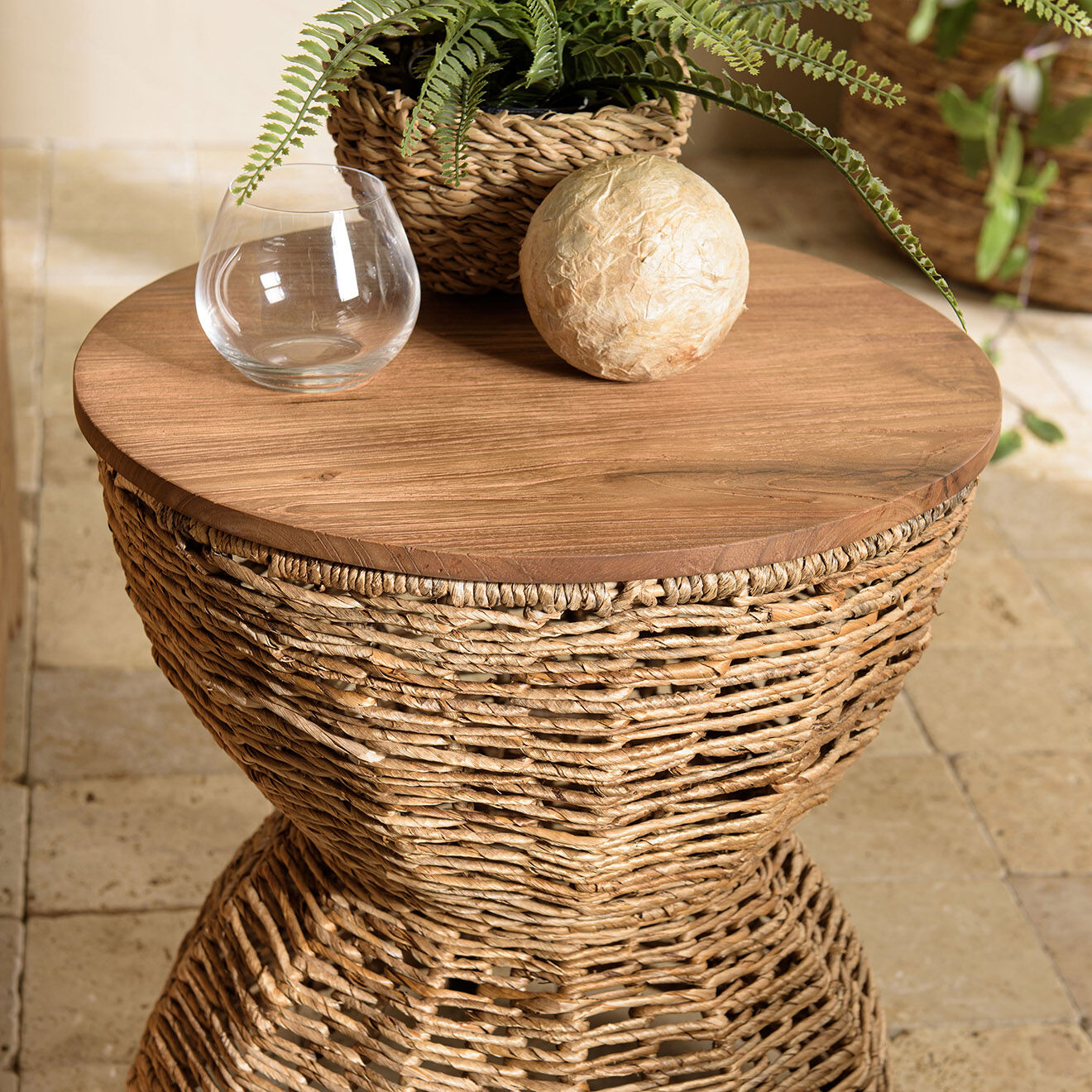 Macabane Tabouret beige assise amovible en bois de teck recyclé Sixtine bois - 41x41x46 cm