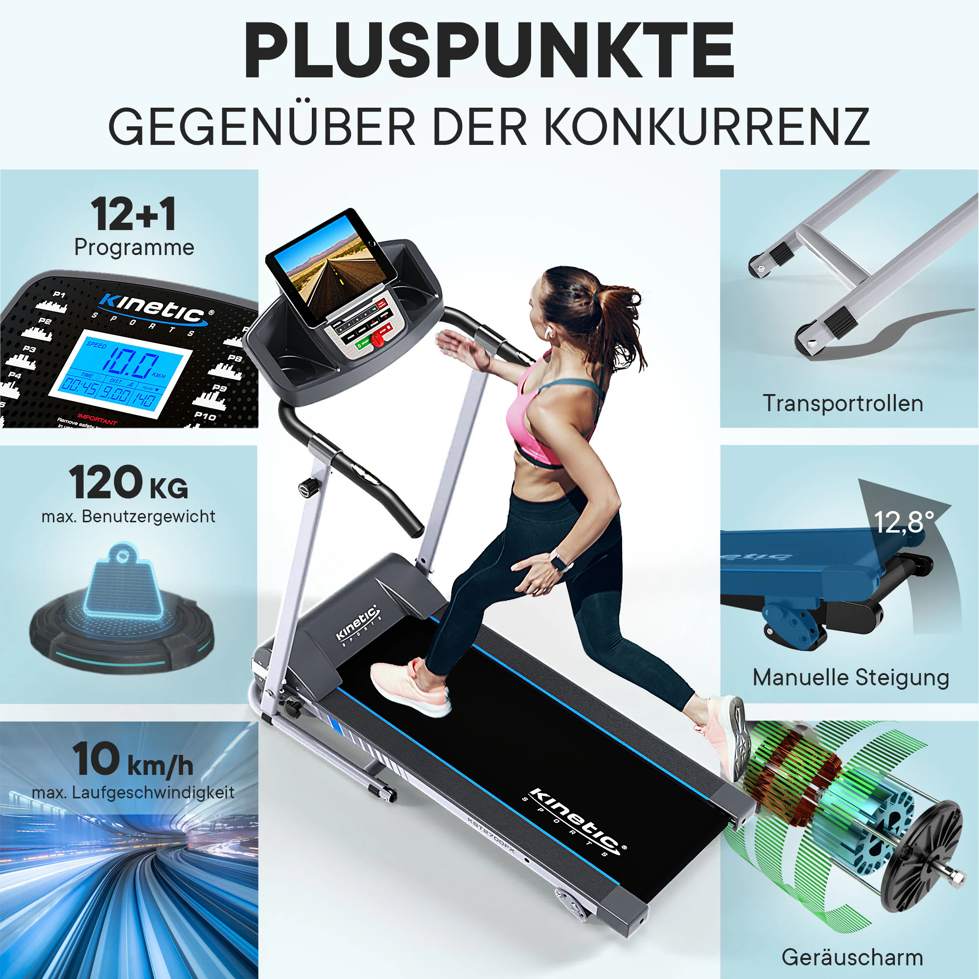 KINETIC SPORTS Laufband für zuhause KST2700FX klappbar - mit Tablethalterung, leiser Elektromotor, 12+1 Programme, LCD Display, Geh- und Lauftraining, stufenlos bis 10 km/h, bis 120 kg | Standard