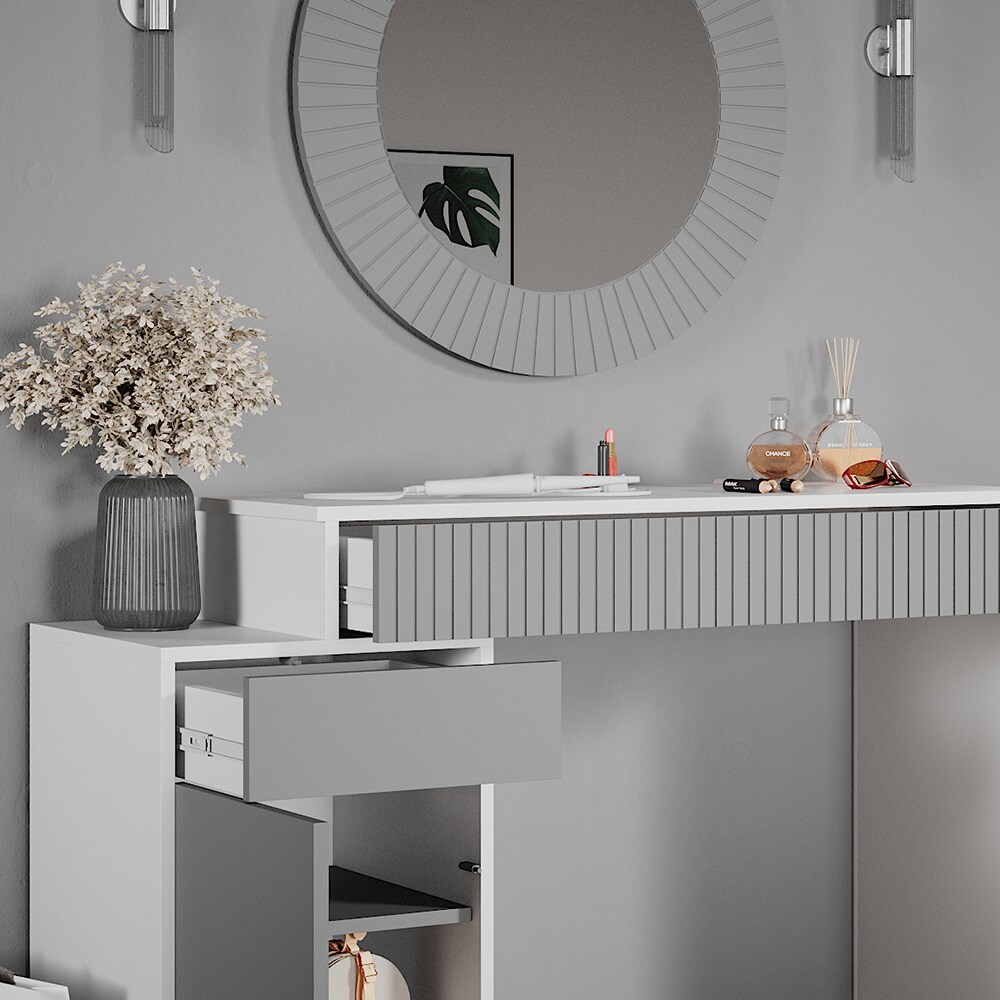Vicco Schminktisch Frisiertisch Kosmetiktisch Arles Weiß Hellgrau Schminkspiegel Bank 120x77 cm Skandi Schlafzimmerkommode Schminkkommode Schublade Ablage Aufbewahrung Frisierkommode Make-Up-Tisch