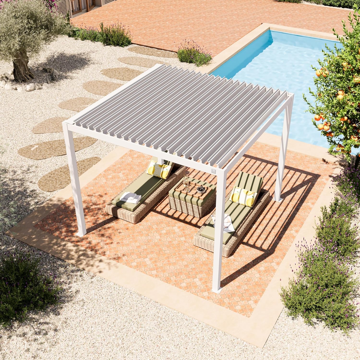 PRIMEYARD Pergola 3x3 m weiße Aluminium-Pfosten mit Lamellendach aus Stahl Terrassenüberdachung
