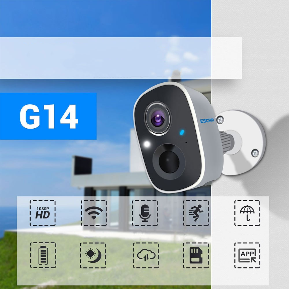 WiFi IP Kamera FullHD 1080p Infrarot LED's Nachtsichtfunktion   Akku (5200mA) / Micro SD / Wandhalterung für iOS/Android (IP65) - Weiss