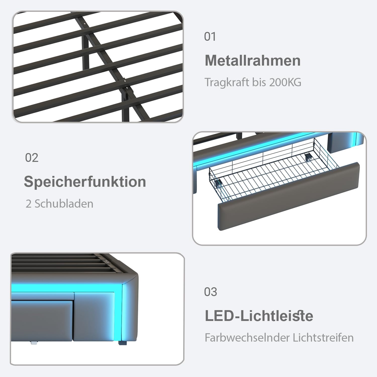 okwish Polsterbett 90x200 cm Einzelbett, Jugendbett Funktionsbett mit 2 Schubladen & LED-Lichtleiste, Gepolstertes Metallbett Bettgestell mit Lattenrost aus Metalllatten, PU-Leder Grau, Ohne Matratze