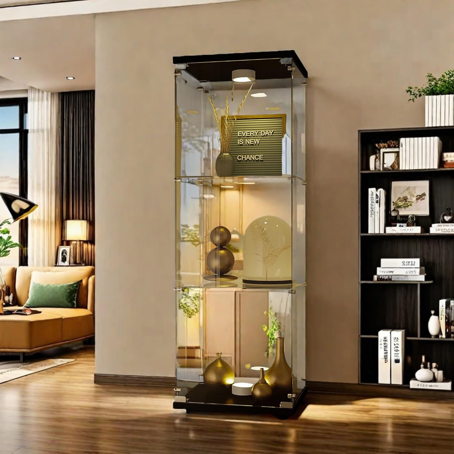 Vitrine aus Glas mit LED, moderne Vitrine aus gehärtetem Glas, 3 Schichten mit 1 Tür, Sammlervitrinen, transparent, freistehend, für Wohnzimmer, Schlafzimmer, Büro, 42 x 36 x 125 cm (schwarz)