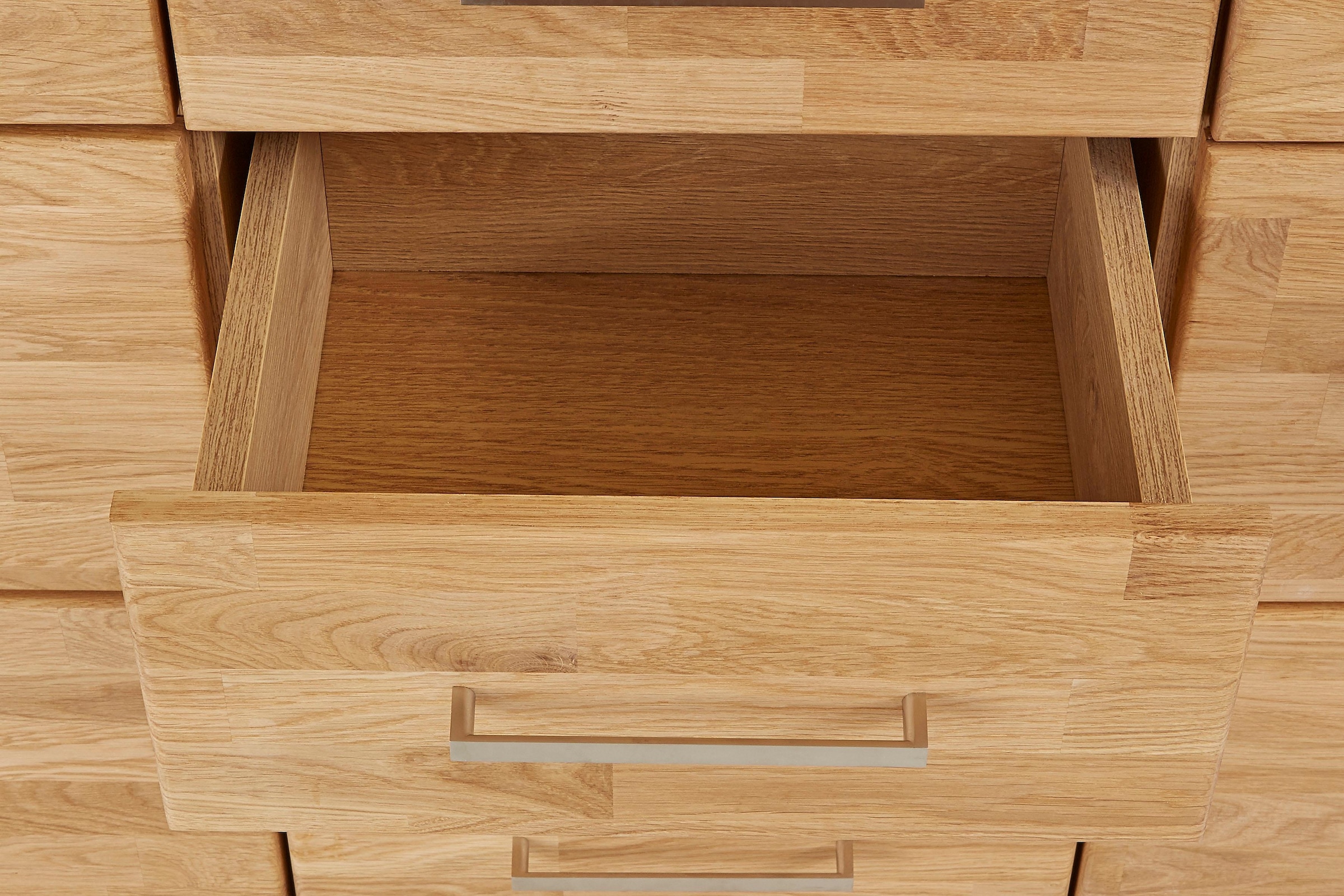 Home affaire Highboard »Ribe,125cm breit,115cm hoch, Fronten Massivholz,5Türen,3 Schubladen« Holz massiv, Holzwerkstoff, Metall Griffe,10Fächer, Böden versetzbar