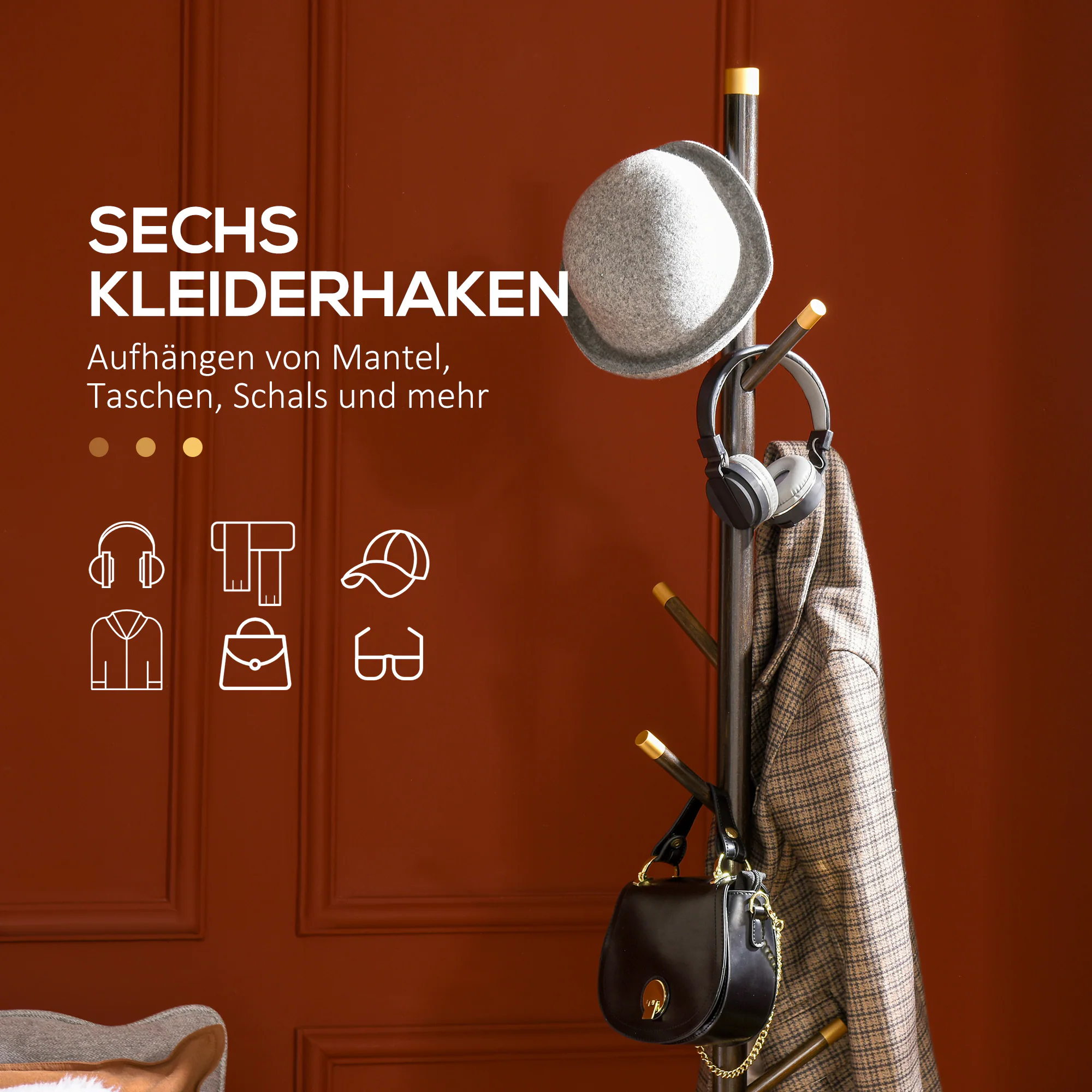 HOMCOM Garderobenständer mit sechs Haken natur 36L x 36B x 180H cm