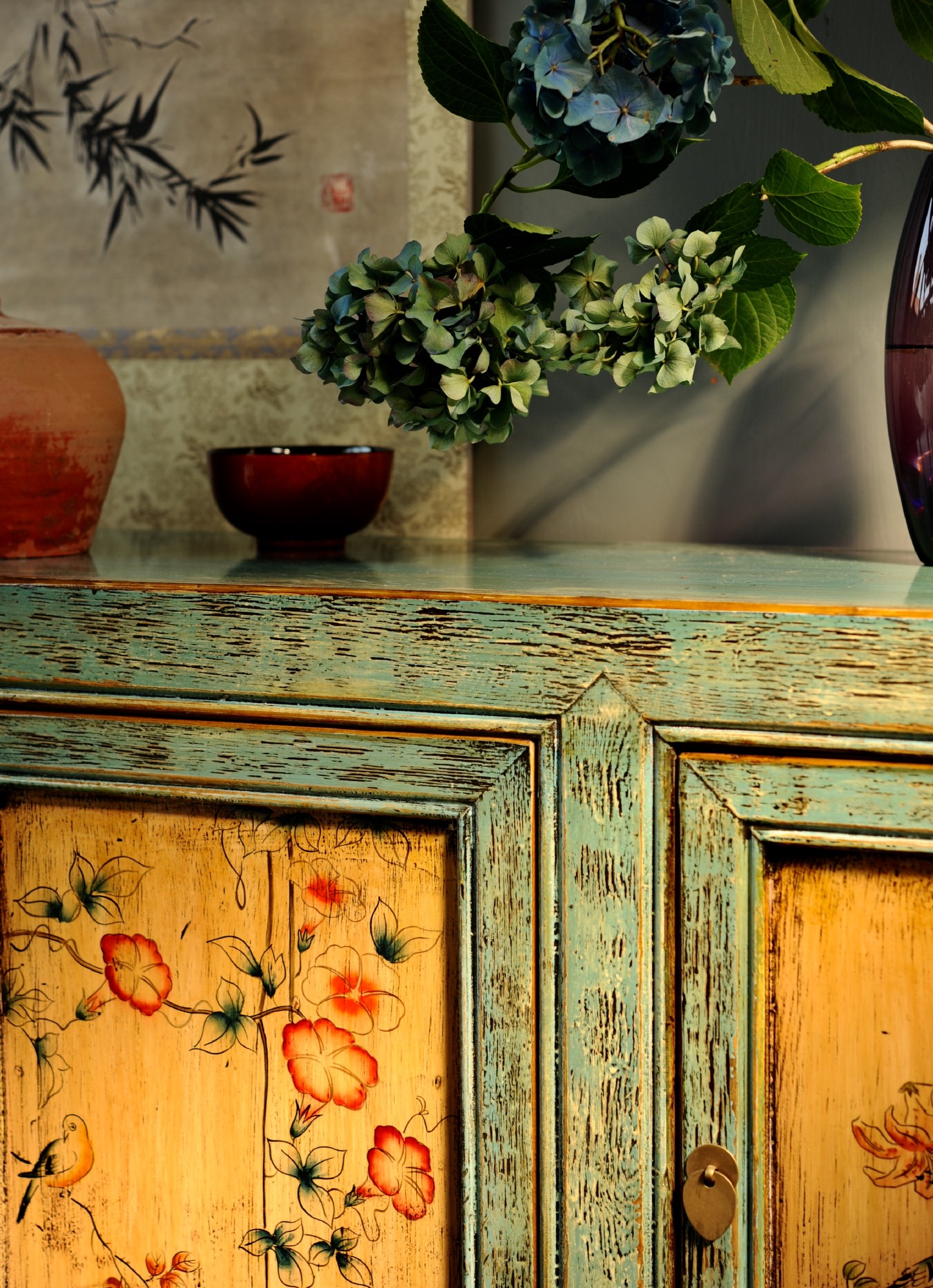 Sideboard 'Deng Hui', türkis, gelb, T 42 cm, B 158 cm, H 80 cm von fischer's lagerhaus