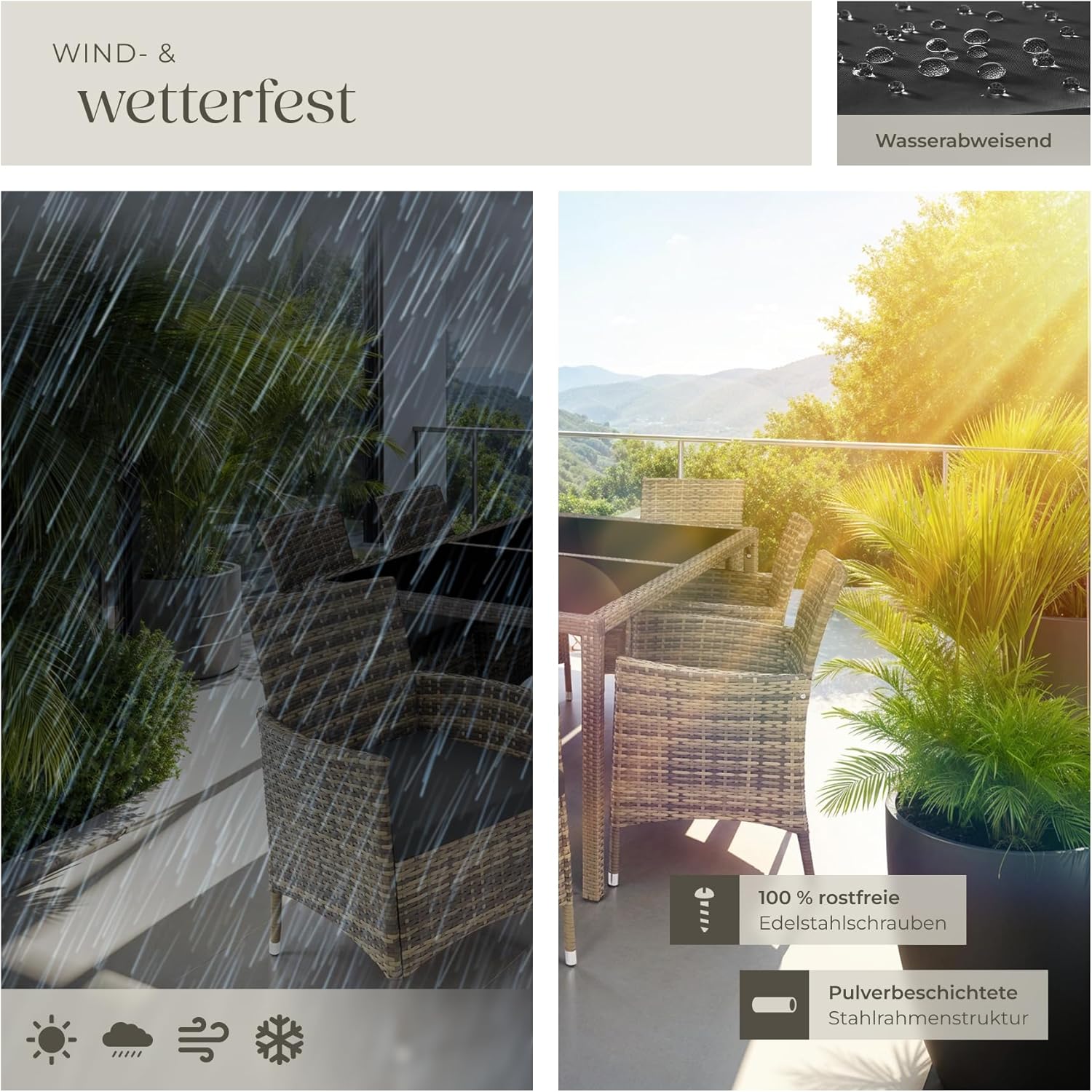 tectake Polyrattan Sitzgruppe für 6 Personen, Balkon Möbel, Gartenmöbel Set mit Tisch und 6 Stühlen, Essgruppe für Garten Terrasse und Balkon, inkl. Sitzkissen und Schutzhülle - Natur/dunkelgrau