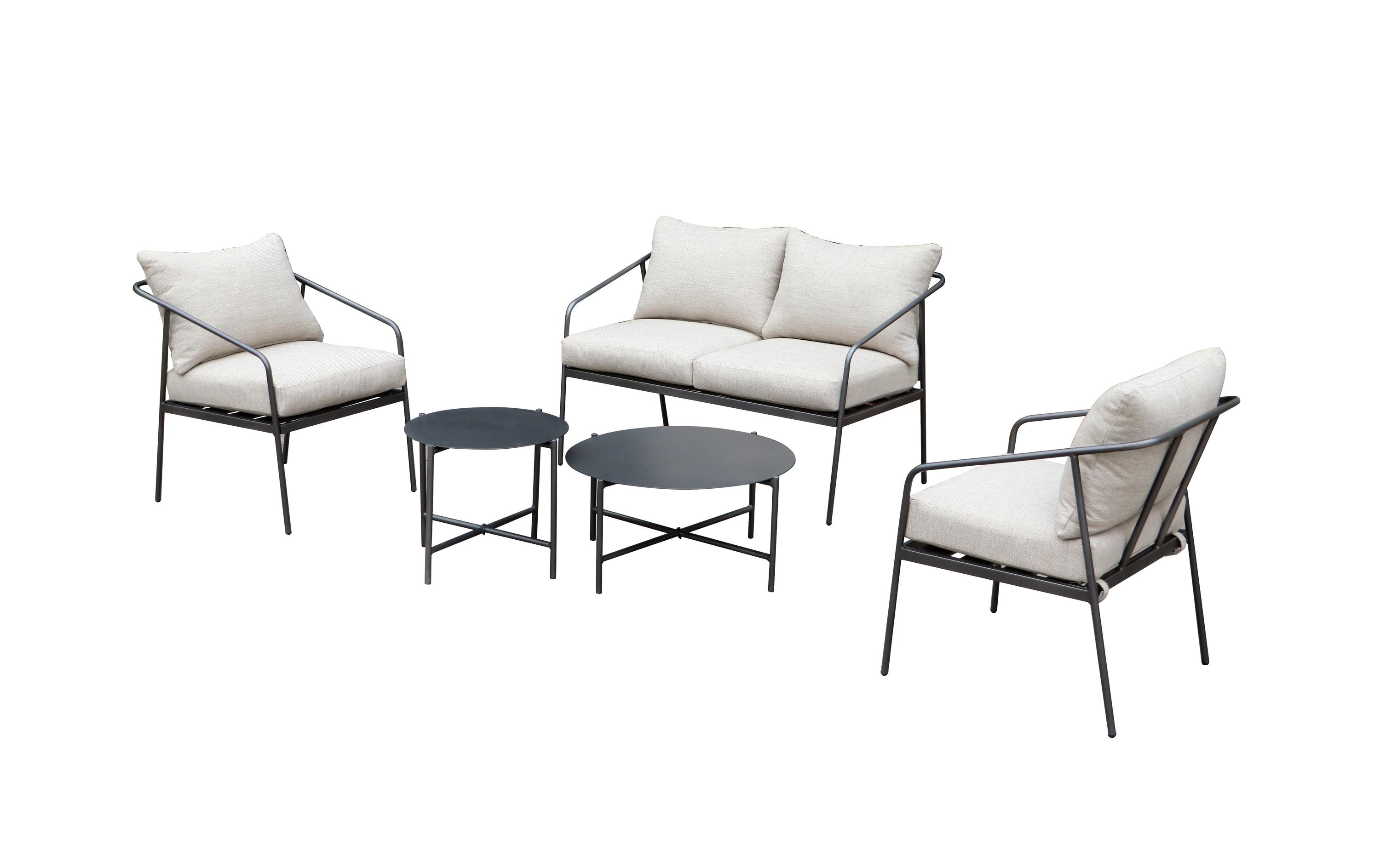 Loungeset Origlio, Beige/Schwarz, 4 Sitzplätze<br>Ein Zweiersofa, zwei Stühle und zwei Tische für Garten, Terrasse oder Balkon