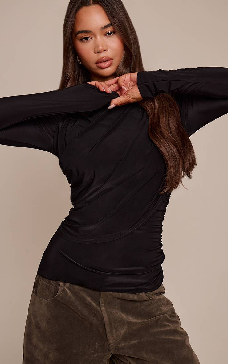 Noir Top À Manches Longues En Tissu Slinky Double Couche Avec Détail Cape