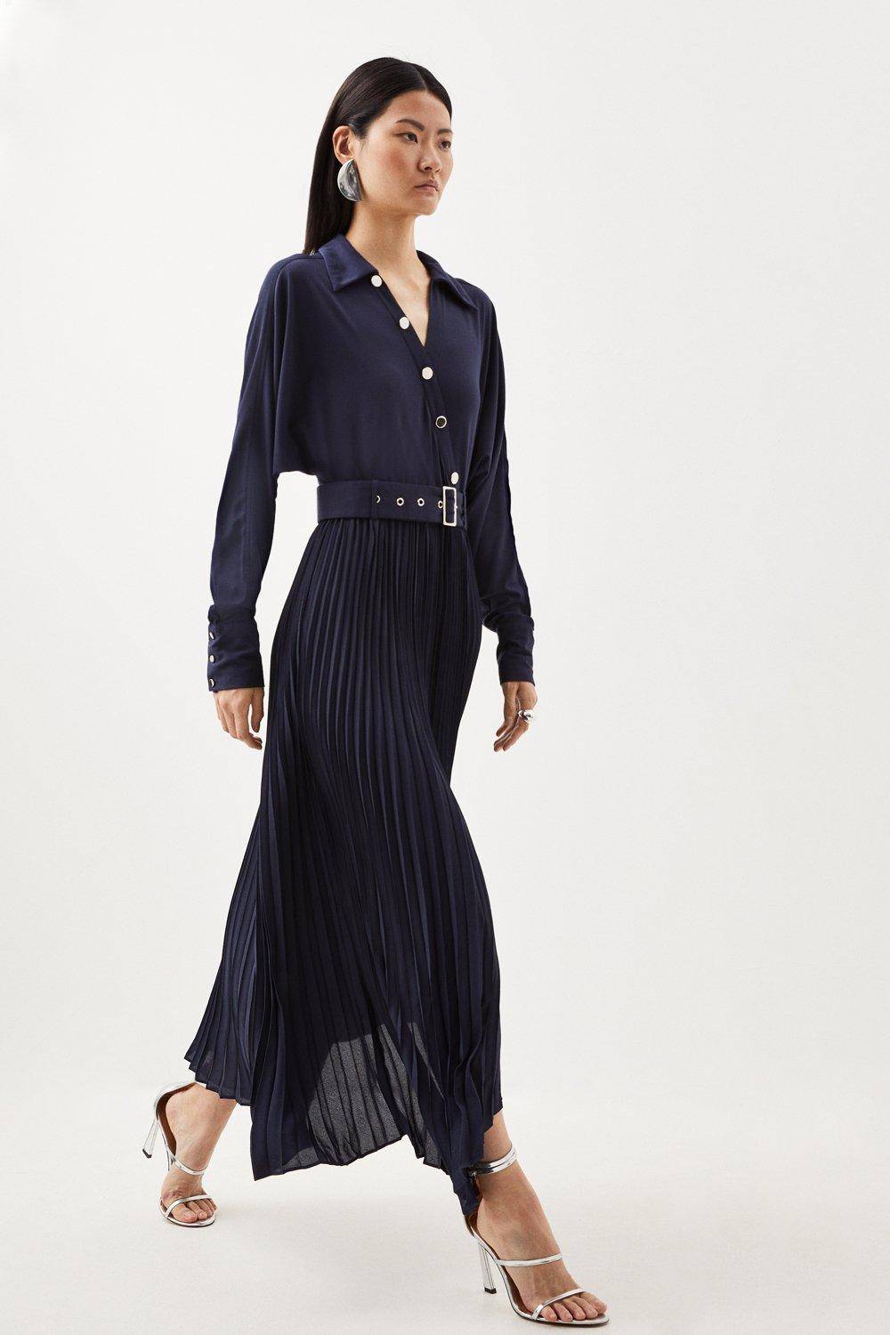 KarenMillen Robe midi plissée à ceinture en mélange de jersey et georgette
