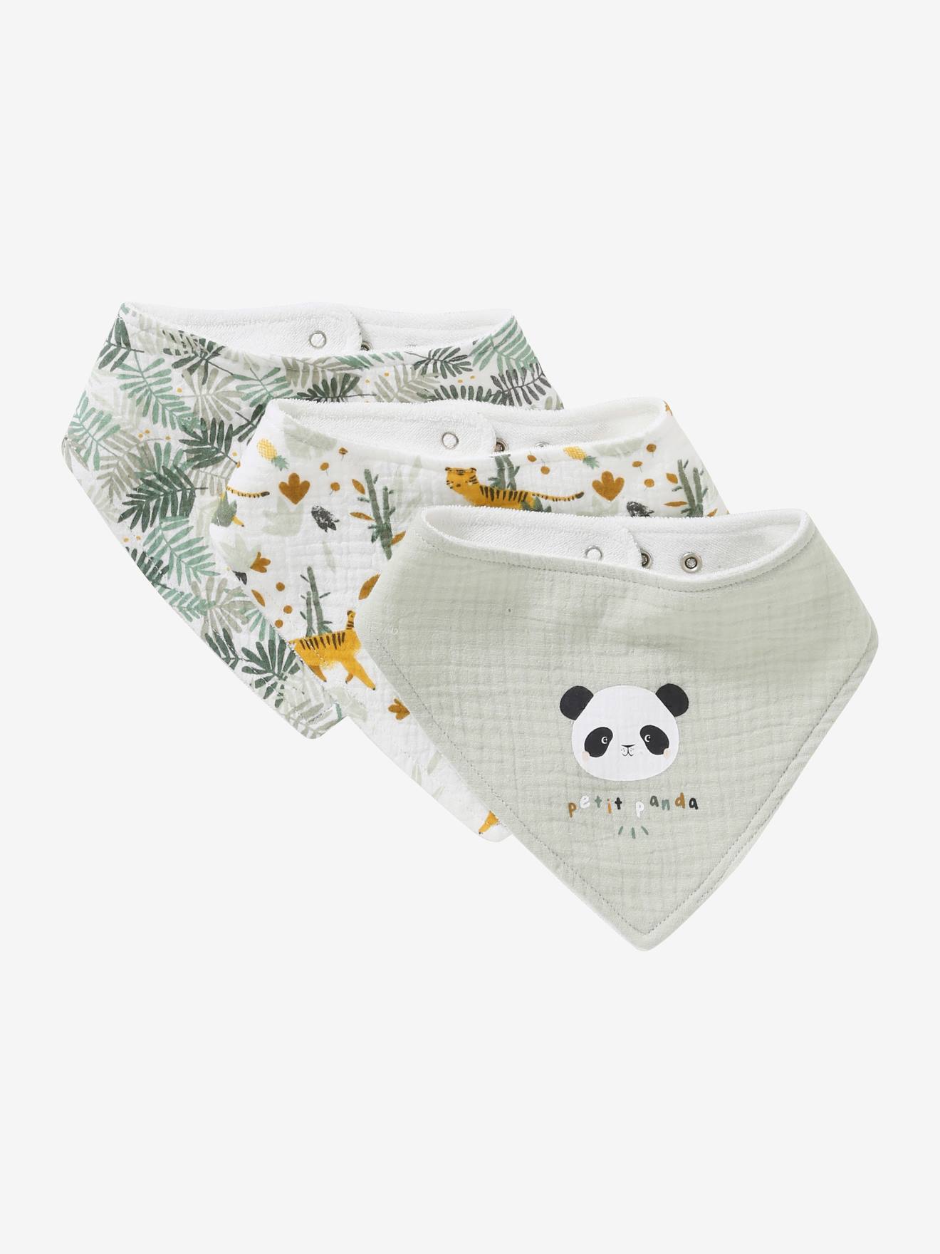 3 babadores bandana lisos em chiffon de algodão verde claro com estampas