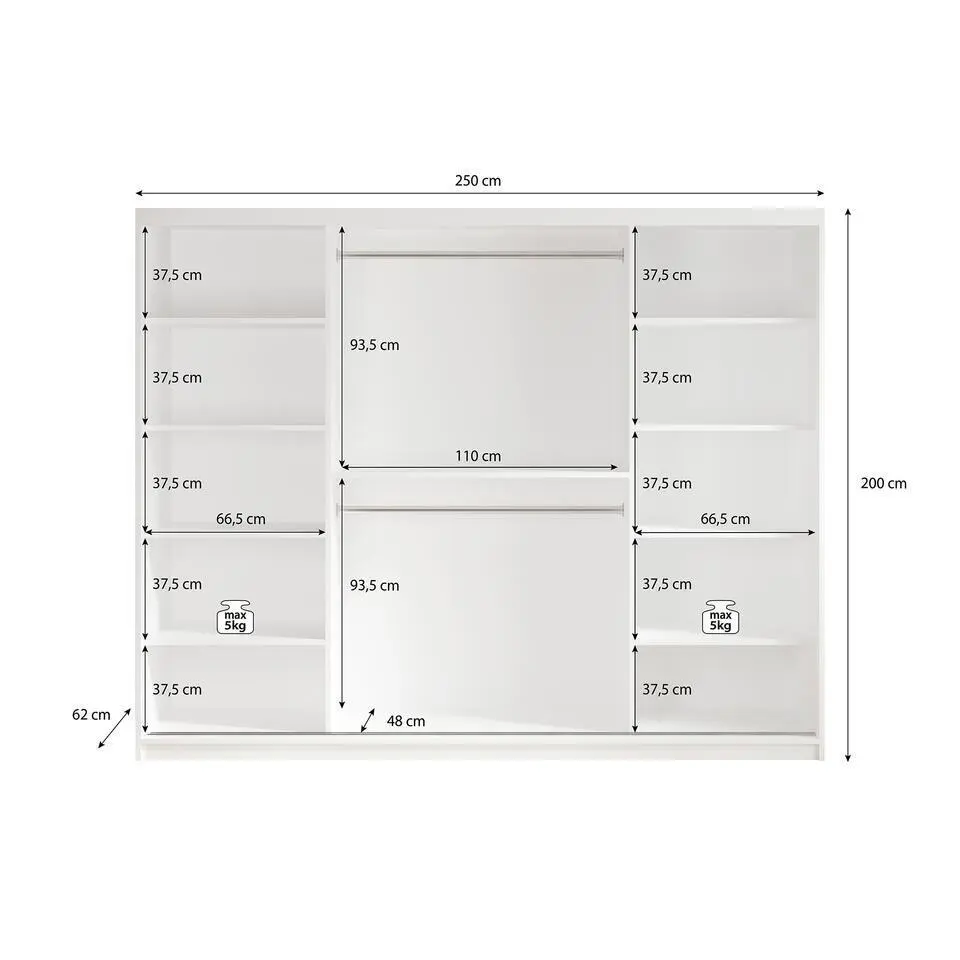 Meubella - Kledingkast Luxor - Zwart - Eiken - 250 cm