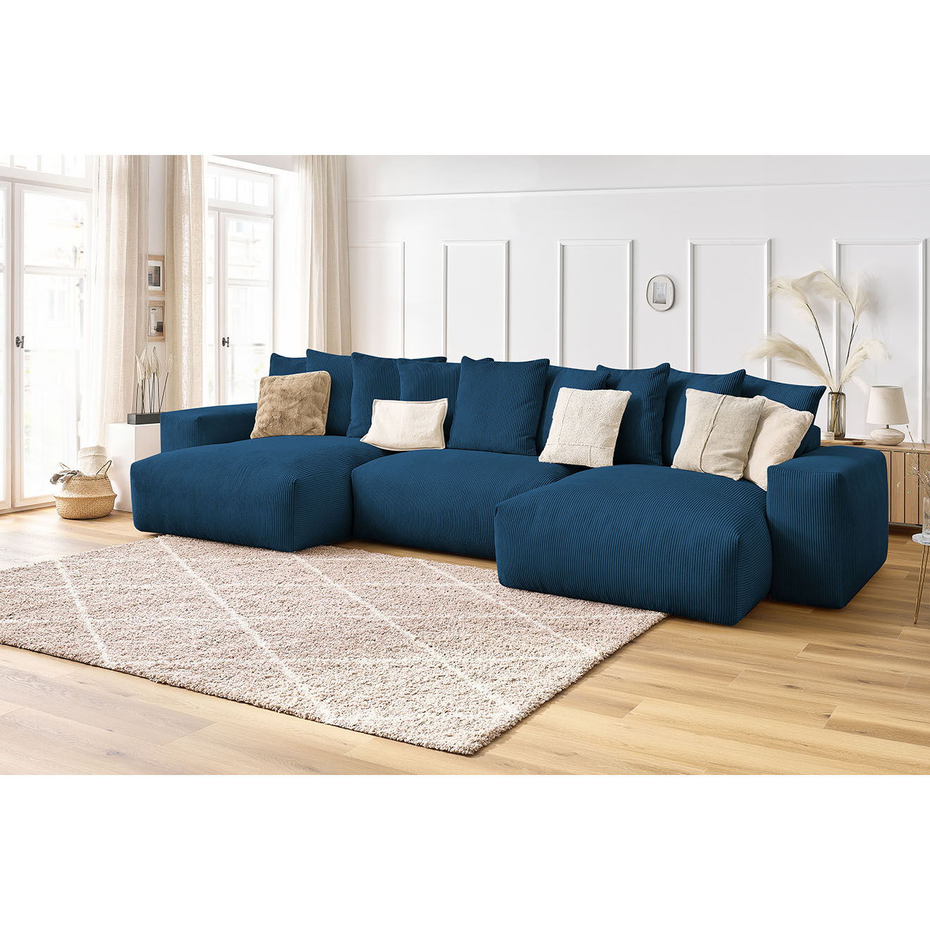 Bobochic Canapé panoramique fixe ultra moelleux voltaire velours côtelé bleu foncé - 420x174x75 cm