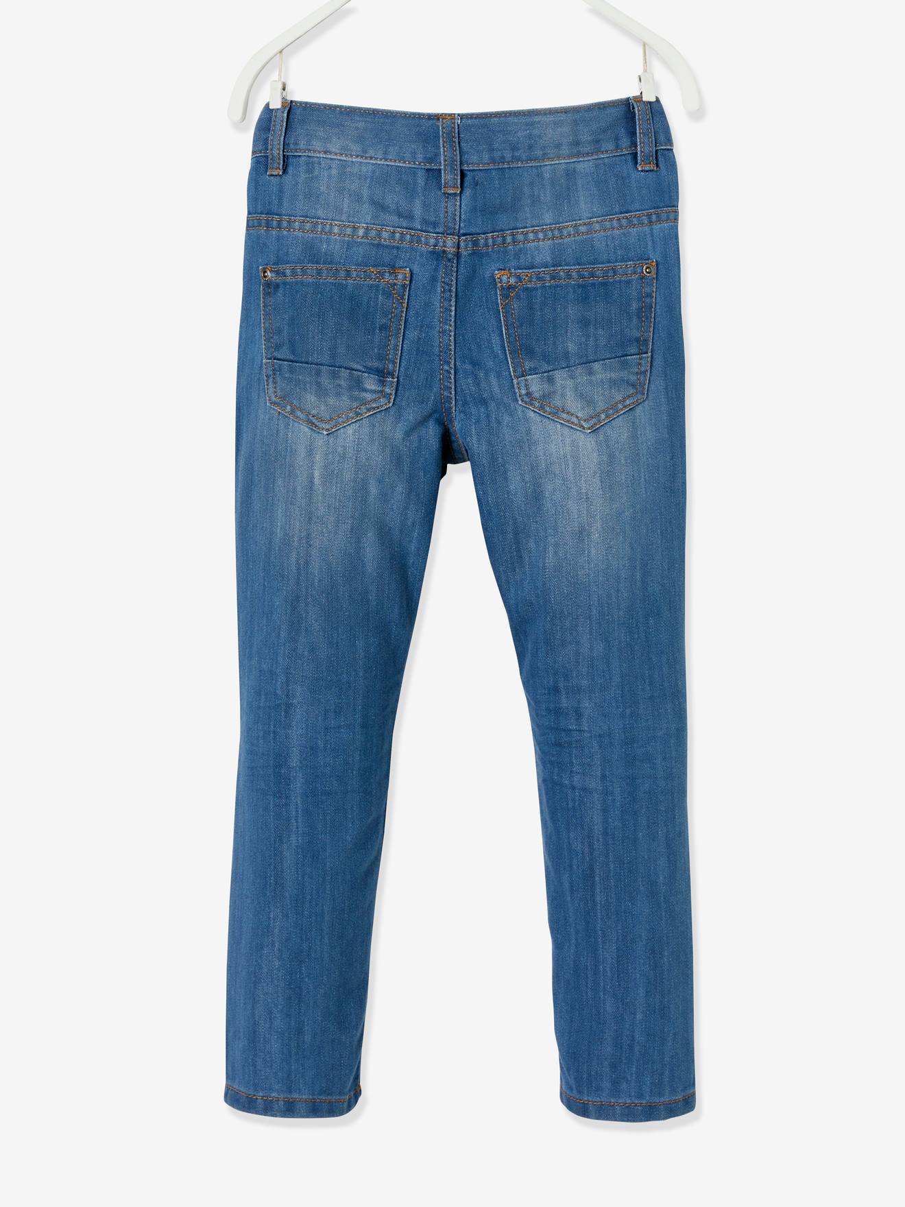 Calça jeans indestrutível de perna reta para meninos, modelagem morfológica para quadris largos, corte slim, lavagem azul escura