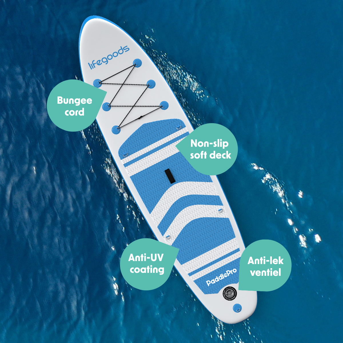 LifeGoods PaddlePro SUP Board met zitje - White/Sky Blue