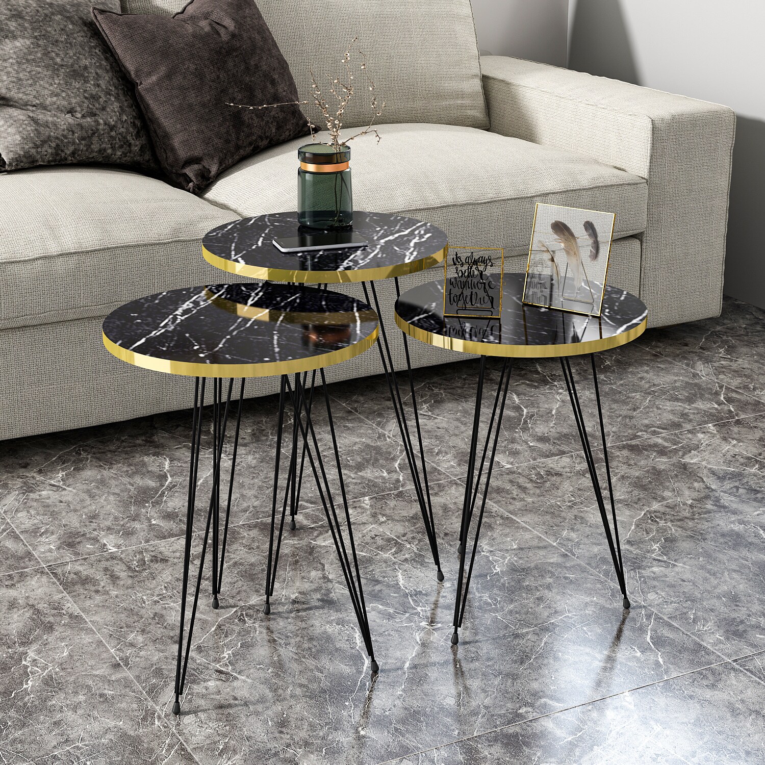 Beistelltisch 3er Set Marmoroptik Schwarz 21286139