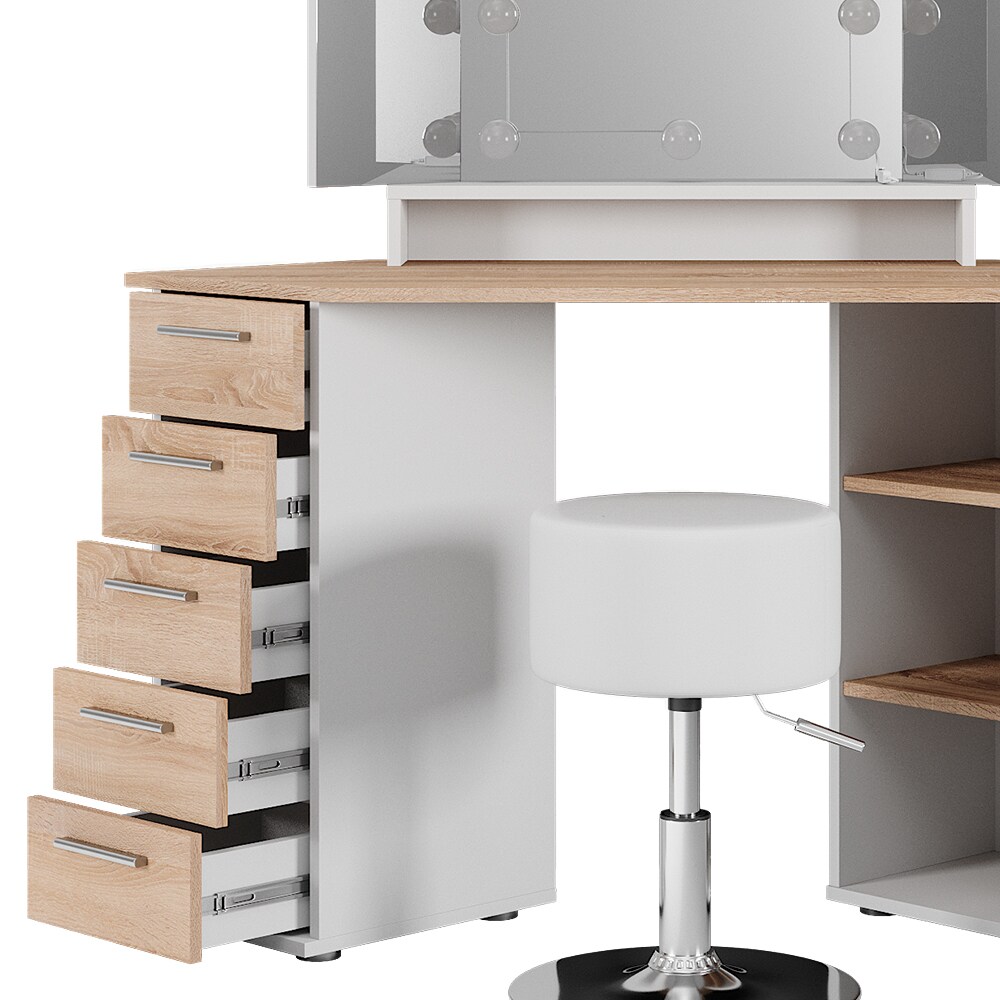 Vicco Eckschminktisch Frisiertisch Frisierkommode Sofia Weiß Sonoma Spiegel LED Hocker 128x142 cm modern Ablage
