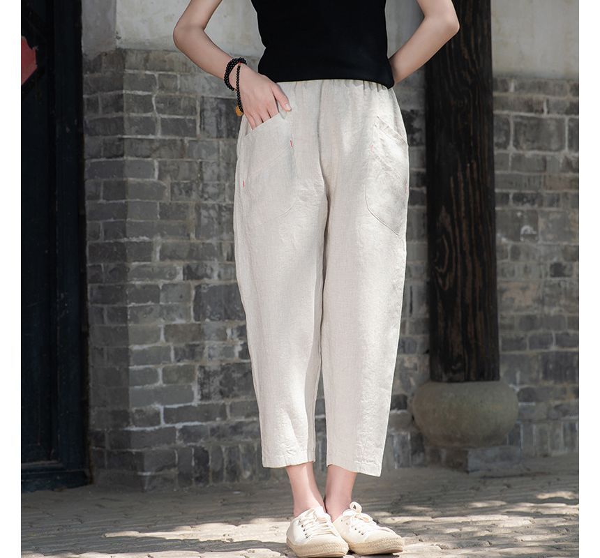 Lady Jean - Elastische taille, effen cropped, taps toelopende broek
