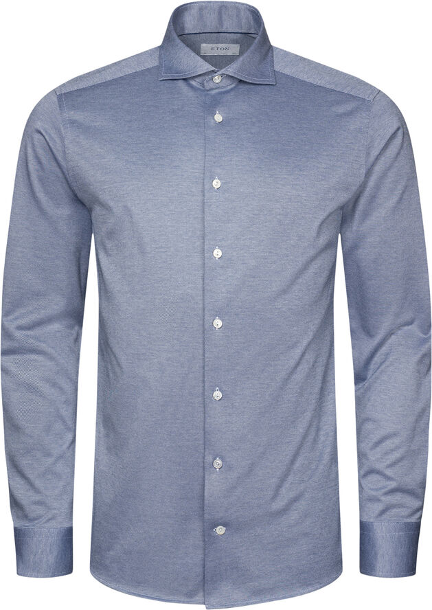 ETON Slim Fit Mid Blue Solid Filo Di Scozia Pique Shirt Blå
