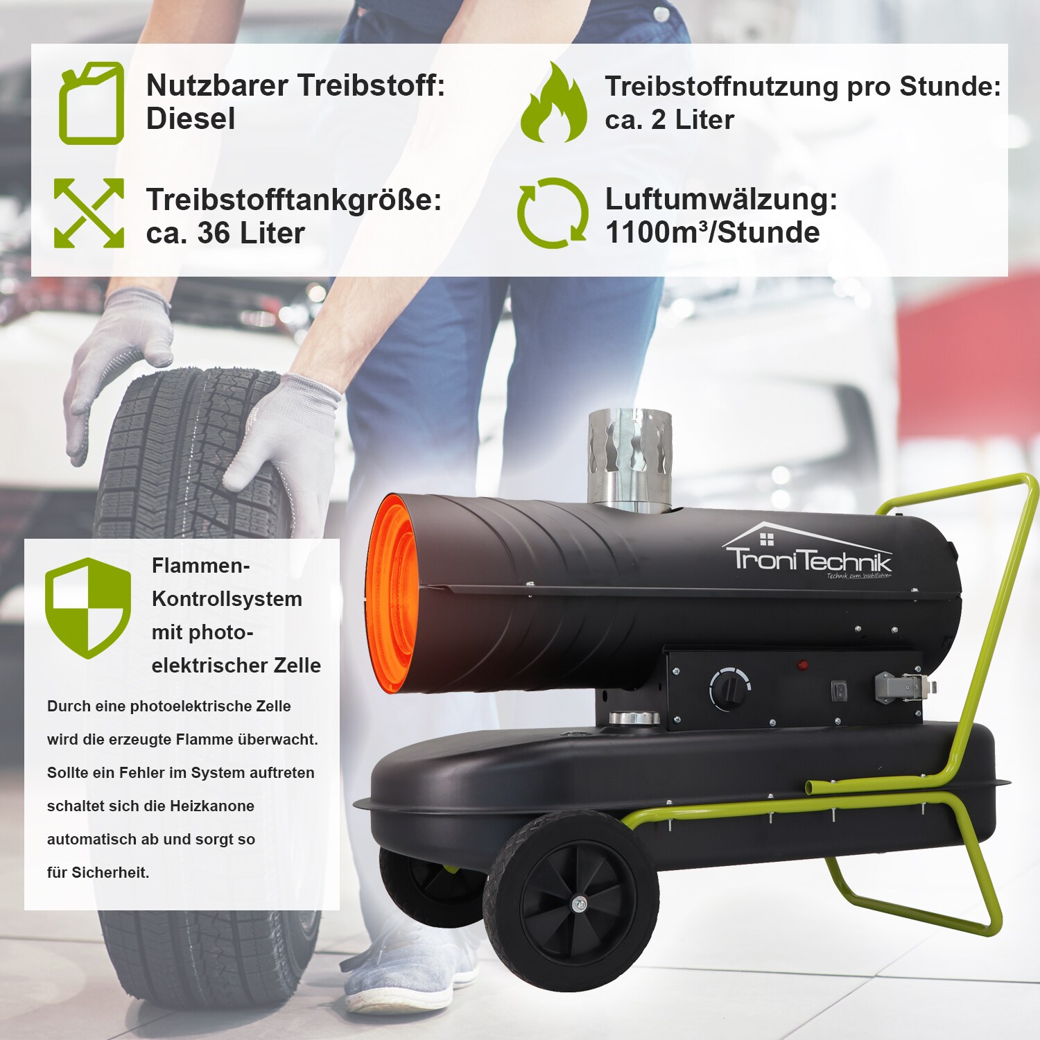 TroniTechnik® TT-HK-244 Heizkanone Dieselkanone Heizlüfter 20kW mit Handgriff, Rohrrahmen, Rädern und Abluftauslass
