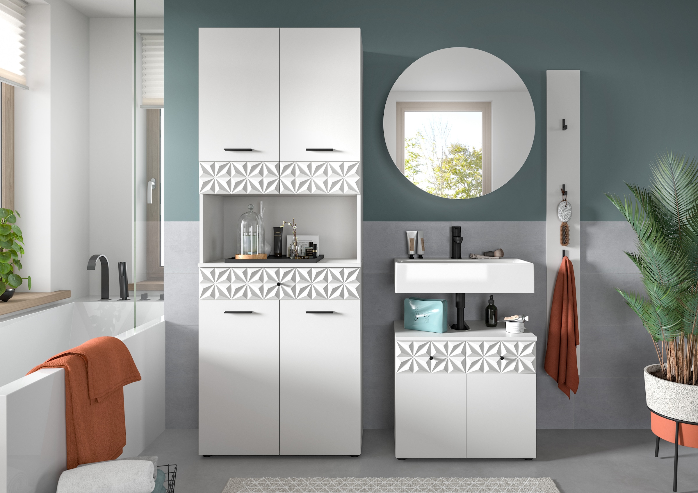 INOSIGN Badezimmer-Set »VICENZA, TOPSELLER!, Breite 176cm, 4-teilig, mit Ornamentabsetzung« Hochschrank, Waschbeckenunterschrank, Spiegelschrank und Hakenleiste,
