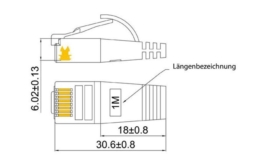 Slimpatchkabel RJ-45 - RJ-45, Cat 6, STP, 0.25 m, GelbGeschirmtes Twisted-Pair-Kabel (STP) mit Klinkenschutz