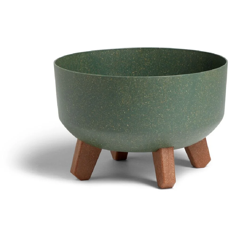 Cache pot vert Ø29xH18cm sur pied en bois
