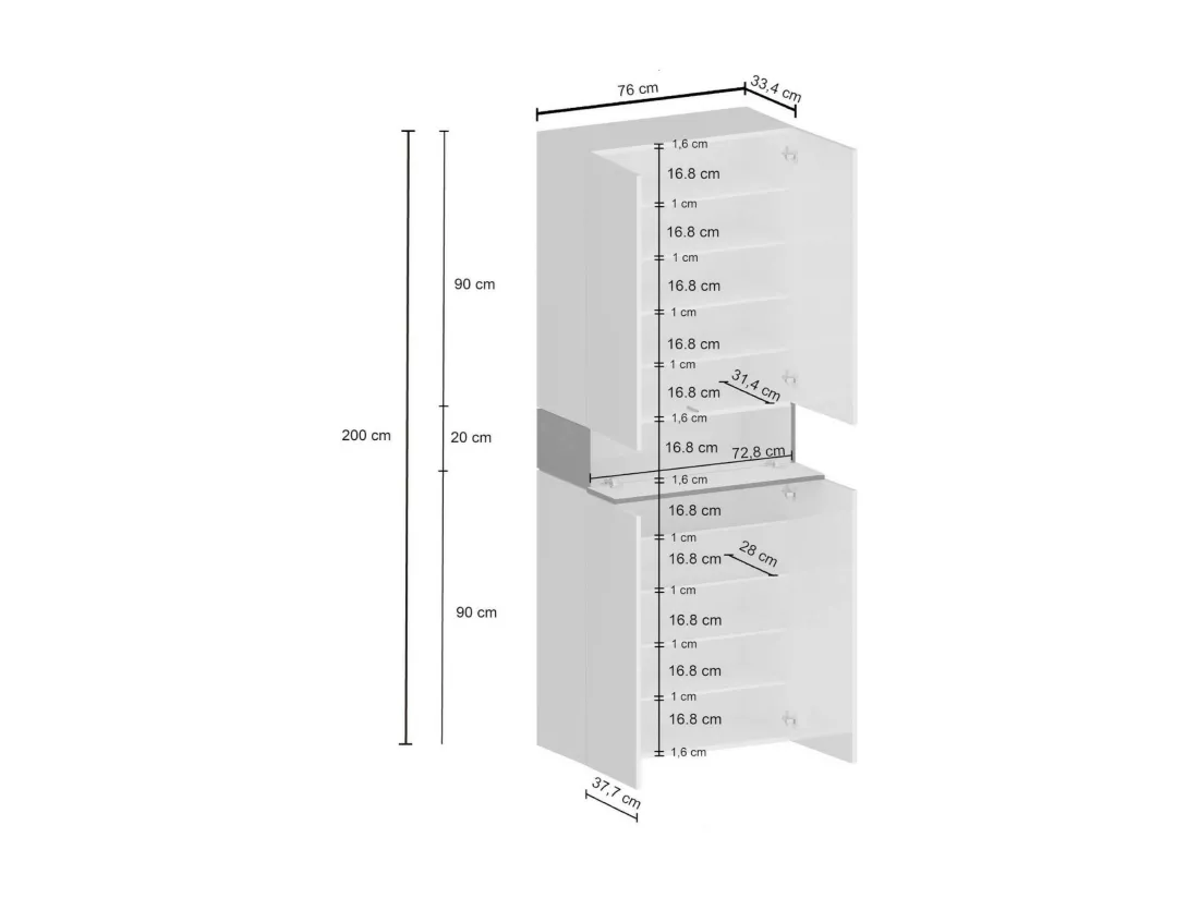 Étagère à chaussures Moris, étagère à chaussures peu encombrante à 5 portes, armoire d'entrée multifonctionnelle, 76x38h200 cm, blanc et chêne