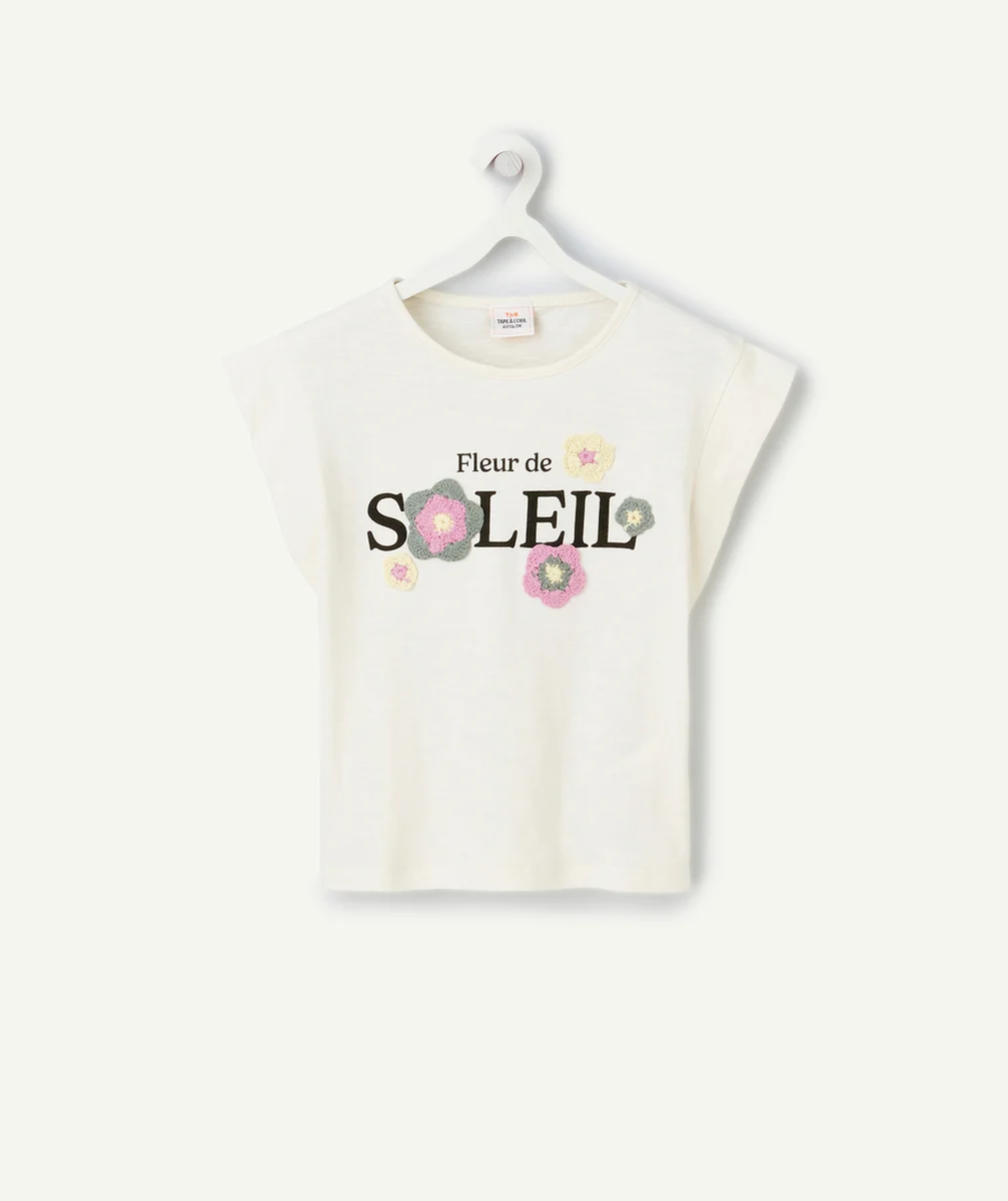 t-shirt manches courtes fille en coton bio blanc avec crochet