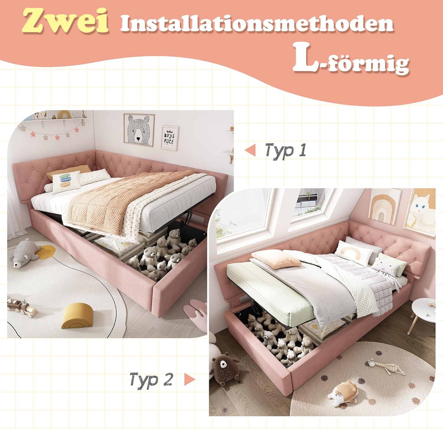 Merax Polsterbett Tagesbett Daybett 90x200cm, Schlafsofa mit hydraulischem Stauraum, Kinderbett Jugendbett Bettgestell mit Lattenrost aus Holz, Samt, Rosa, ohne Matratze
