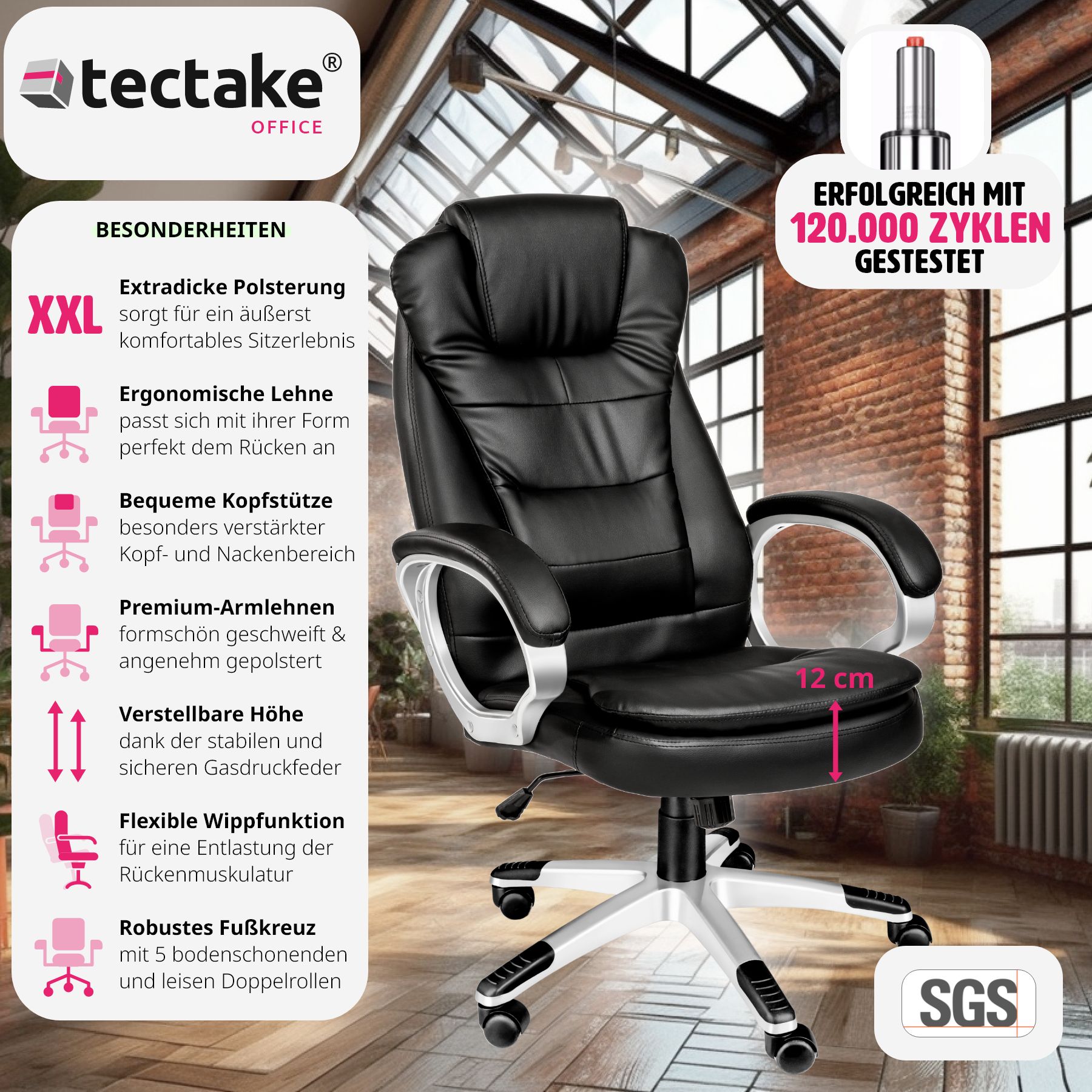 tectake® Bürostuhl, 360° drehbar und stufenlos höhenverstellbar, dicke Polsterung mit Kunstlederbezug, einstellbare Wippfunktion