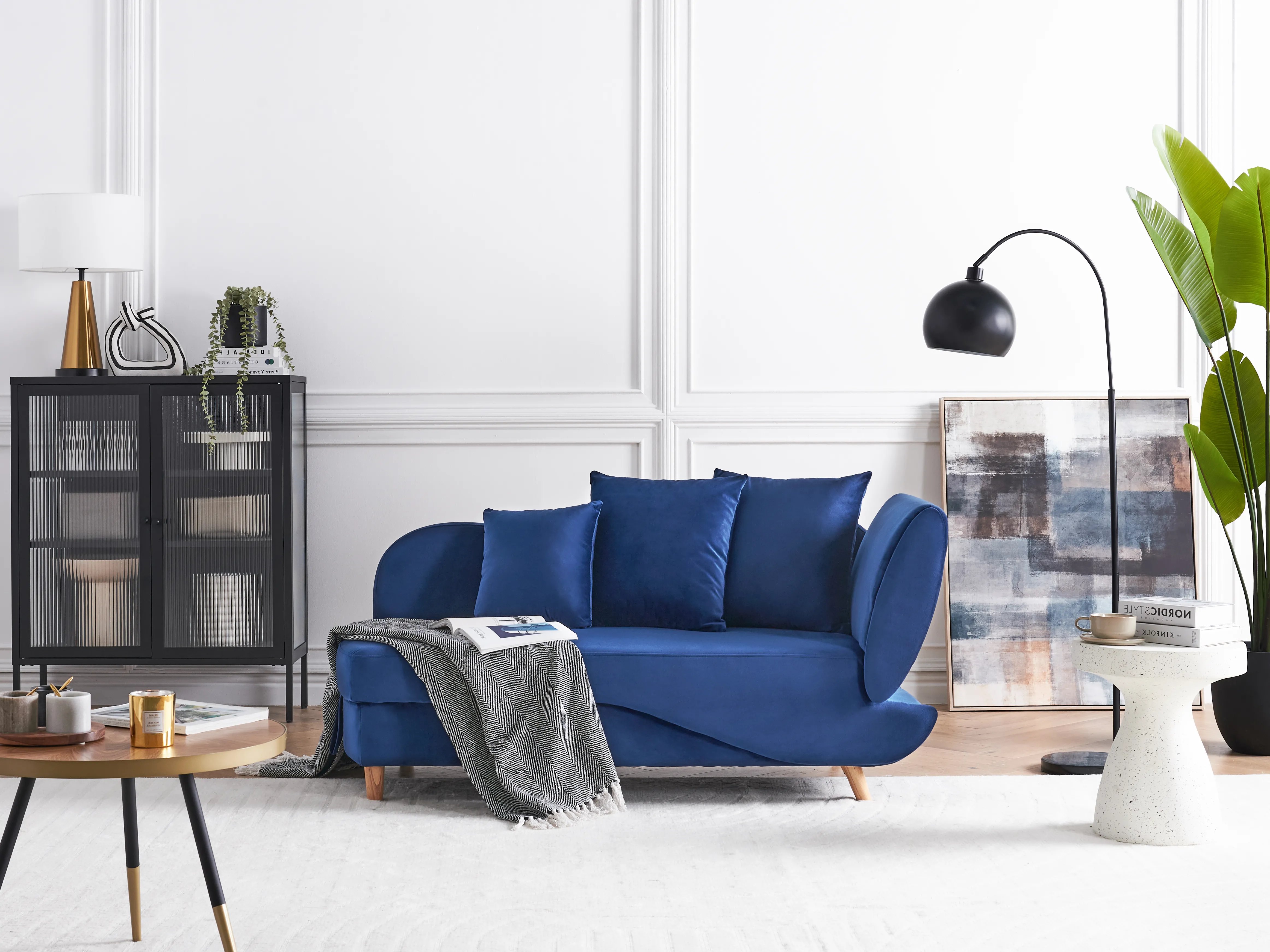 Rechtszijdige chaise longue MERI Fluweel Marineblauw met opbergruimte