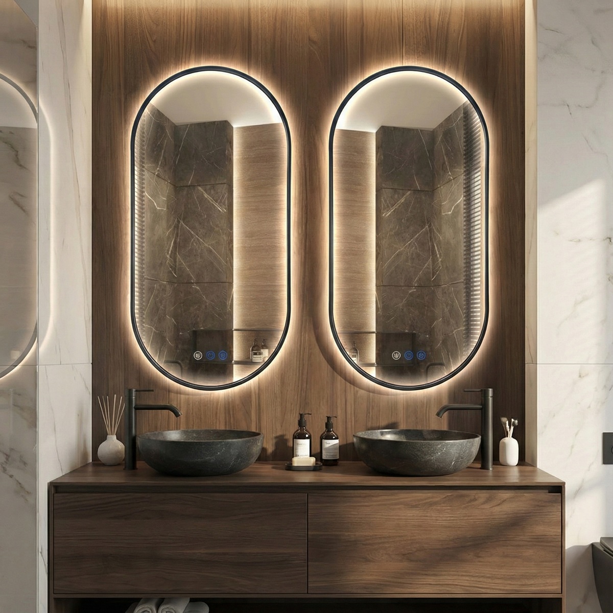 Set van 2 Saniclear Parma Black ovale spiegels met verwarming, direct en indirect licht mat zwart 100x50cm