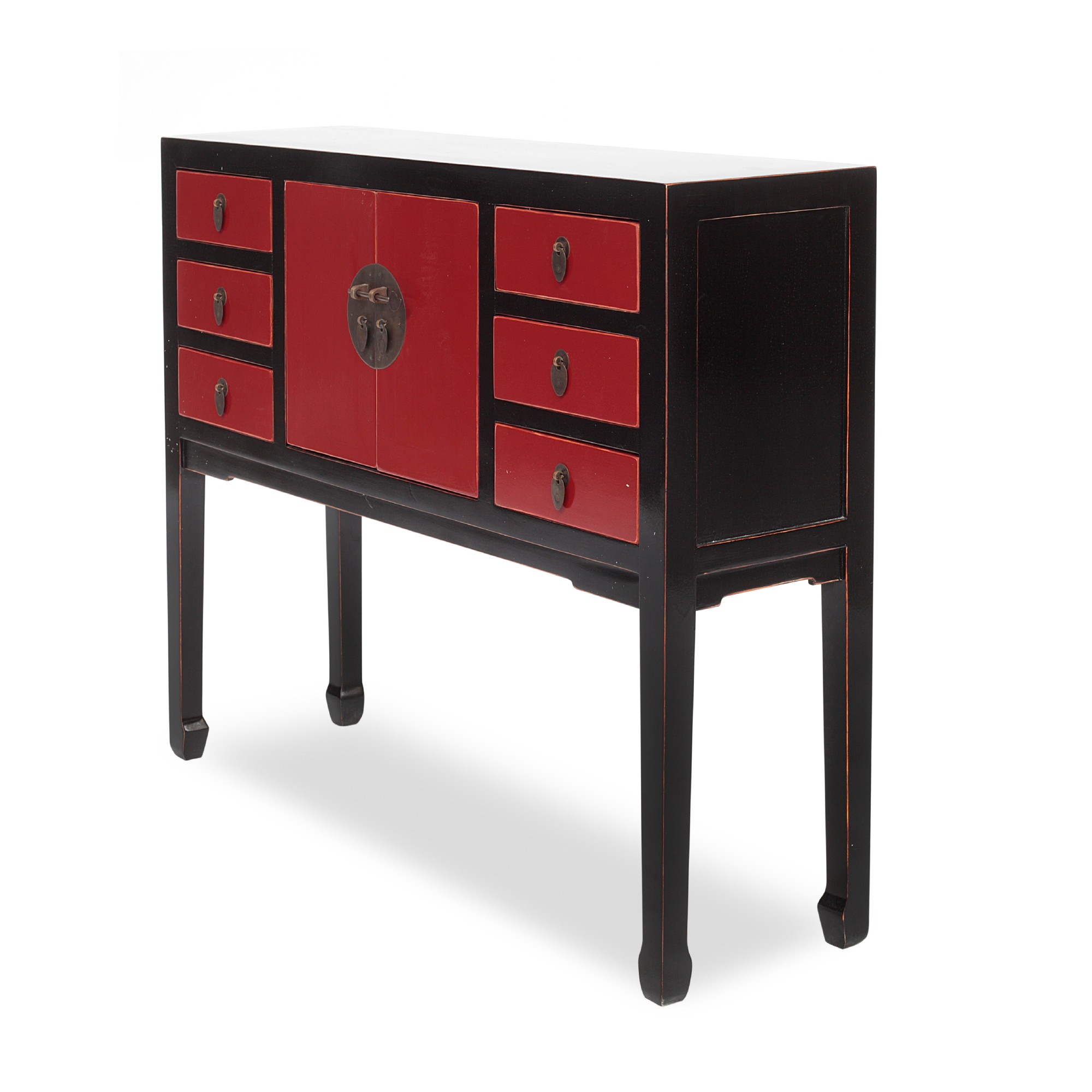 Anrichte ‚Long Wei‘, 2 Türen, 6 Schubladen, schwarz, rot, B 100 cm, H 82 cm, L 28 cm von fischer's lagerhaus