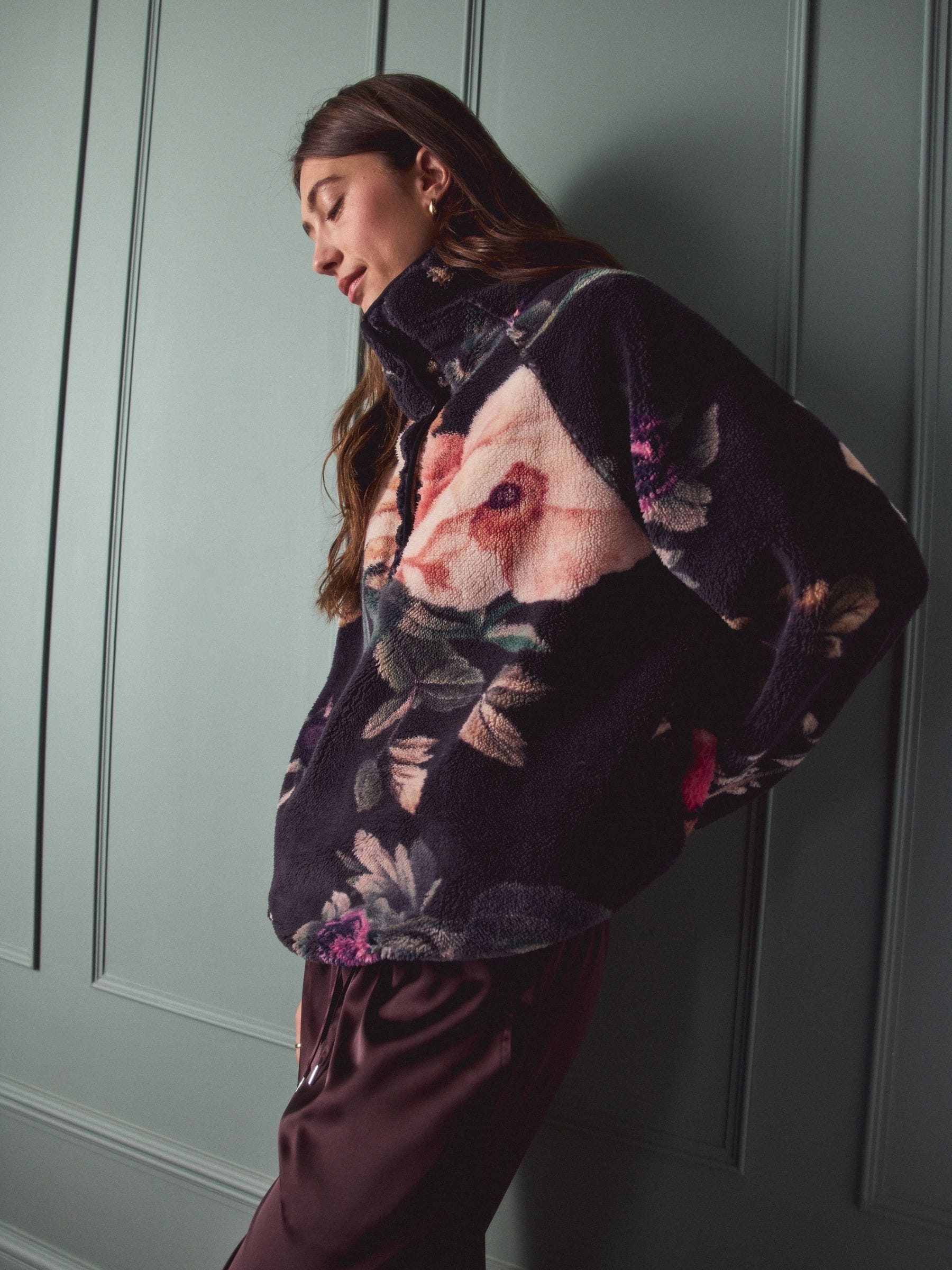 Zwart bloemenprint - Printed Borg Fleece Top