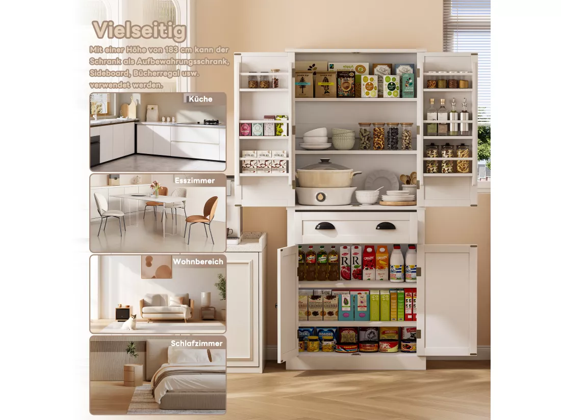 Buffet de cuisine avec 4 portes et 1 tiroir - 80 x 40 x 182 cm - étagères réglables - Bois MDF - Blanc
