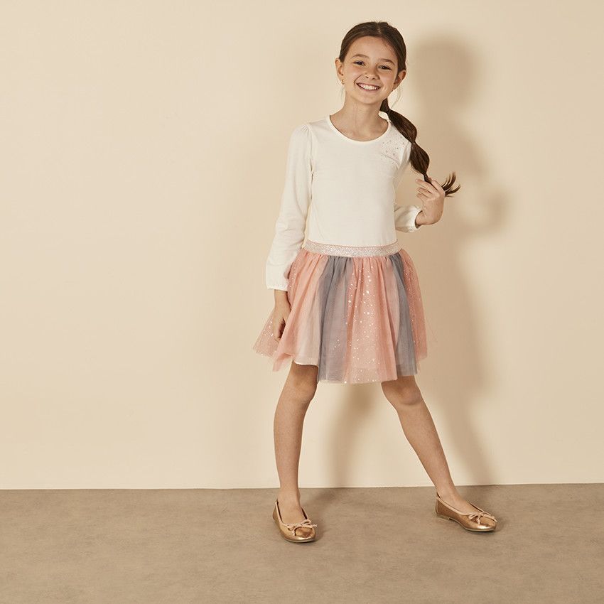 Robe bi-matière effet 2 en 1 avec tulle bicolore pour fille - Ecru