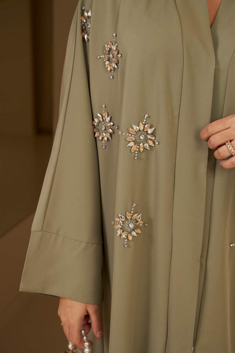 Kimono vert à strass doré et argenté