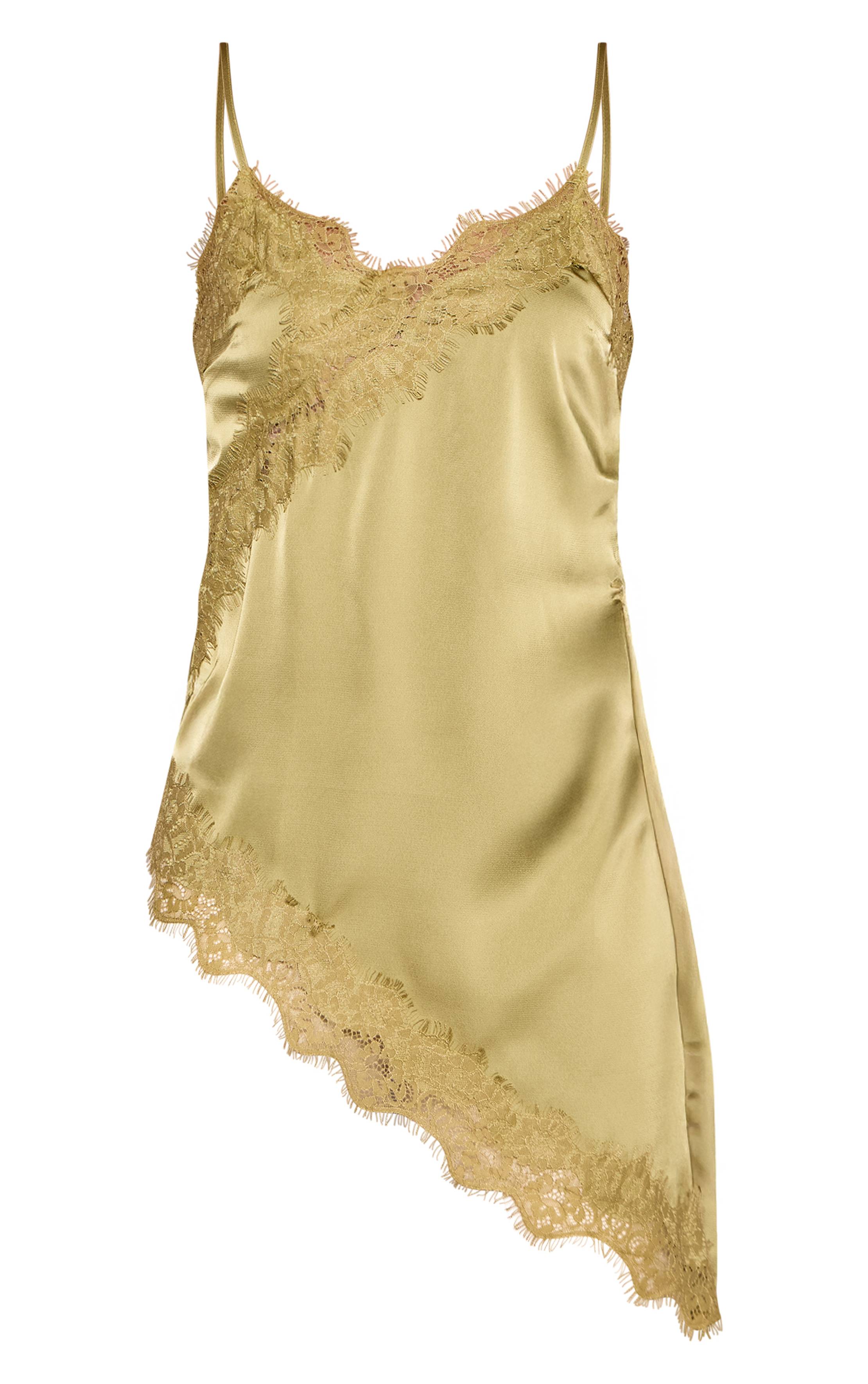 Vert Olive Haut Long Asymétrique En Satin Avec Détails En Dentelle