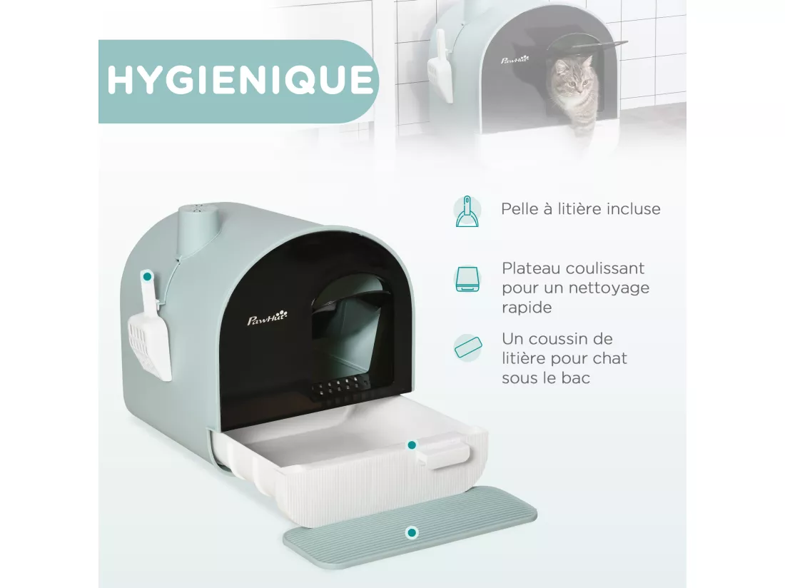 Maison de toilette bac à litière pour chat avec porte battante, pelle et filtre inclus dim. 43L x 44l x 47H cm PP bleu