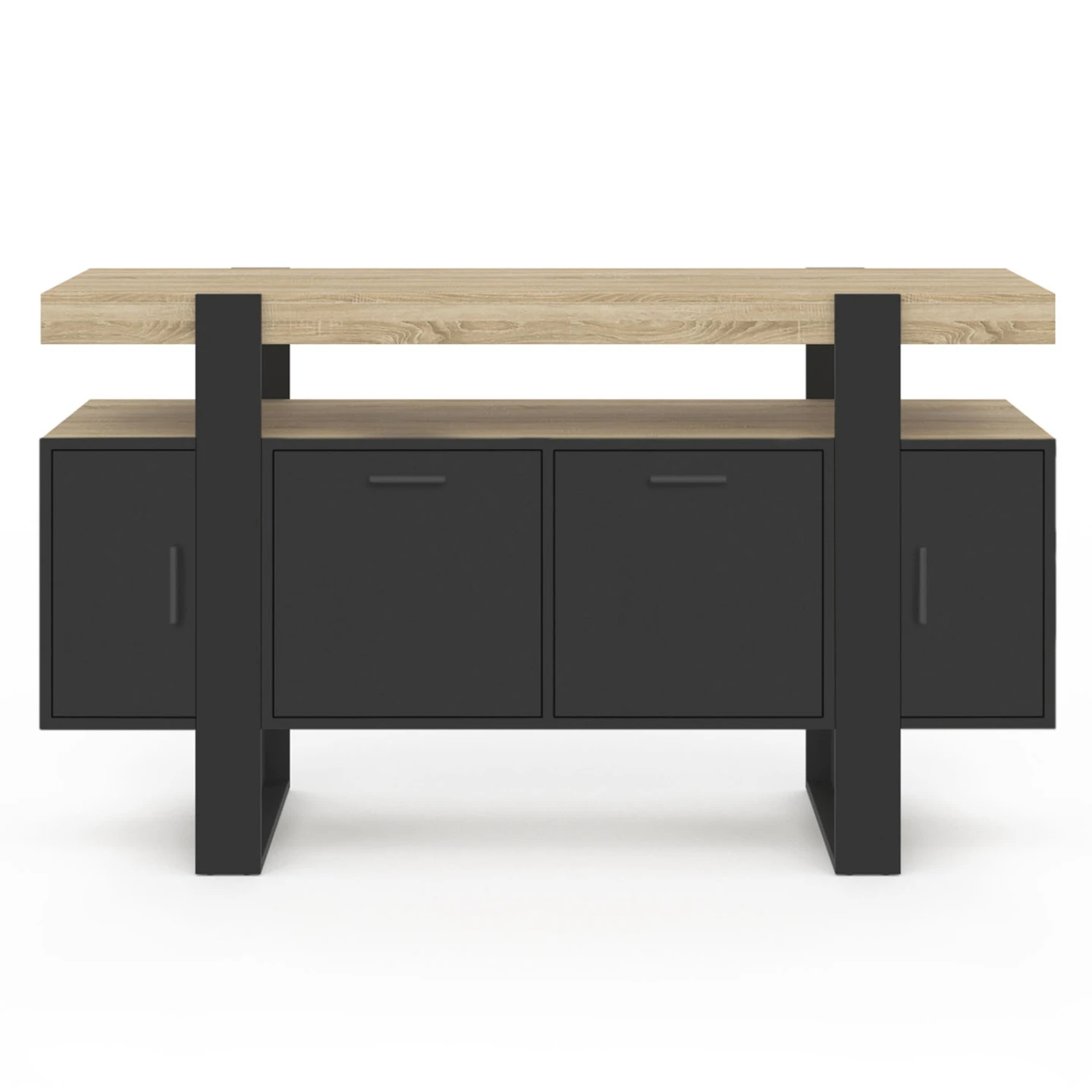Buffet 140 cm PHOENIX 4 portes noir avec plateau bois