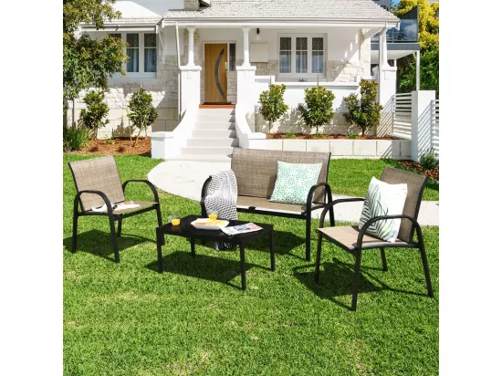 Ensemble Salon de Jardin 4 Pièces en Métal, Ensemble de Meubles de Patio 1 Causeuse 2 Chaises 1 Table Basse en Verre, pour Jardin Terrasse Piscine (Marron)