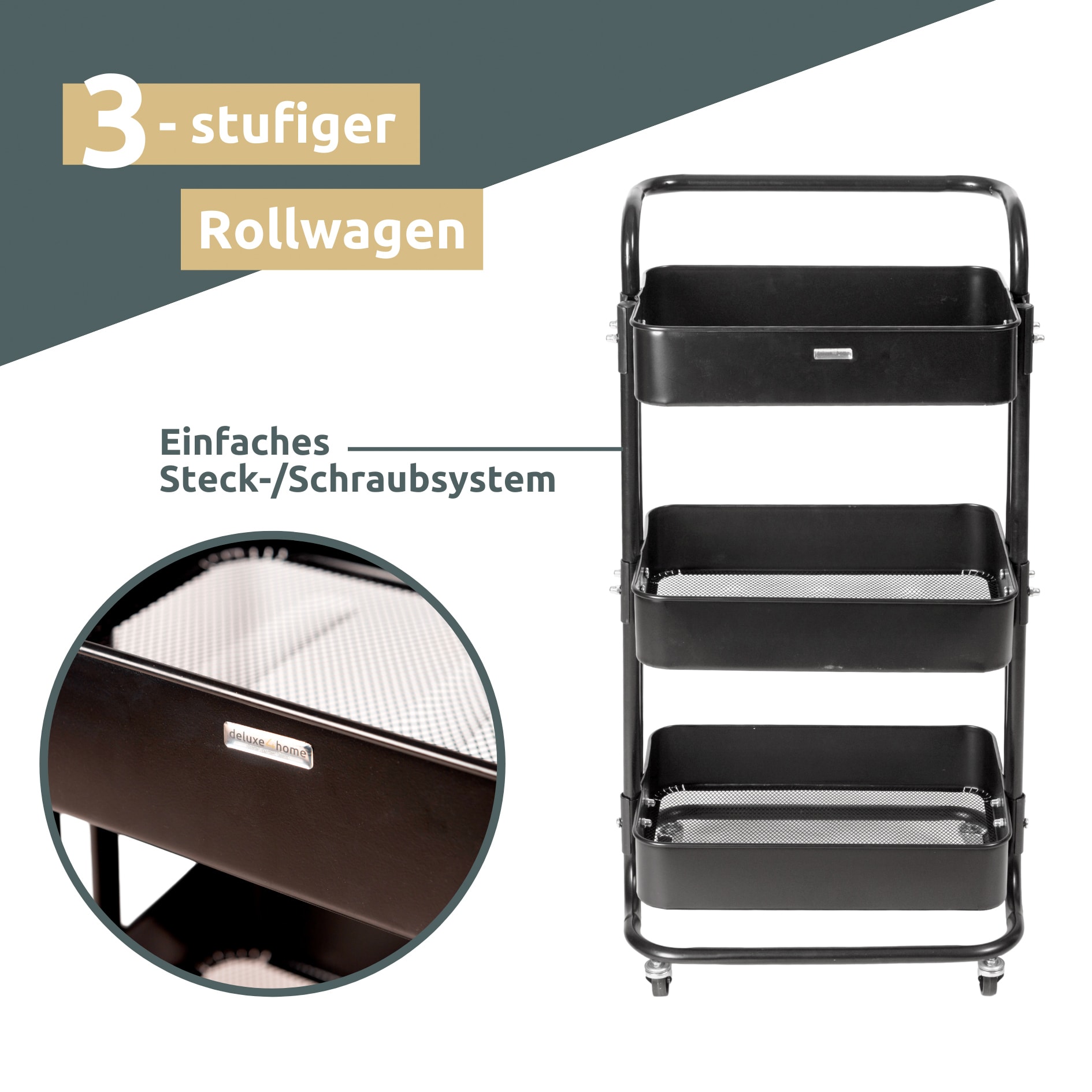 deluxe4home Servierwagen 28 x 80 cm schwarz