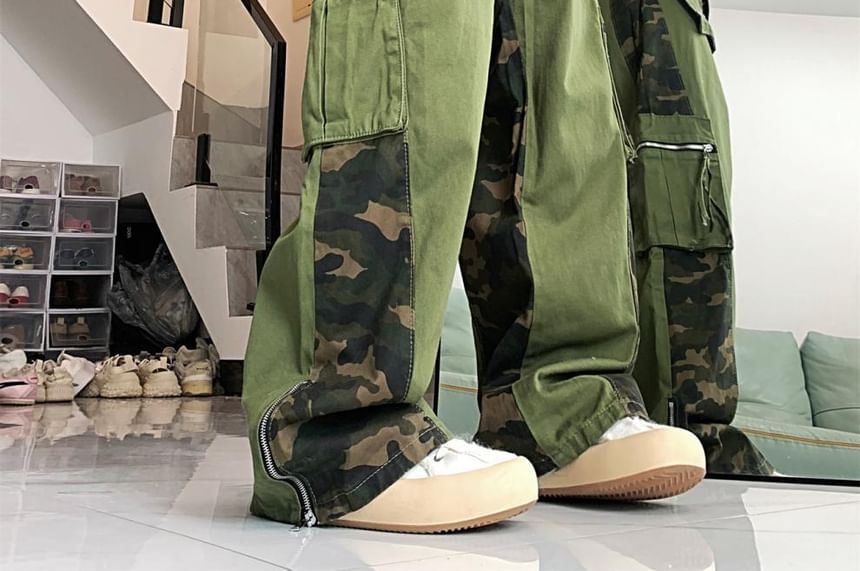 Vhancy - Hoge taille camouflage patchwork cargo broek met wijde pijpen