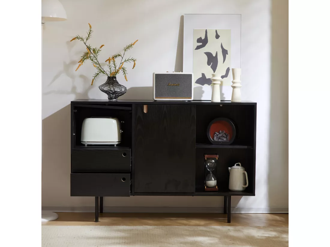 Buffet moderne avec 2 tiroirs et 3 portes - 120 x 35 x 78 cm - Panneau de particules et métal - Noir